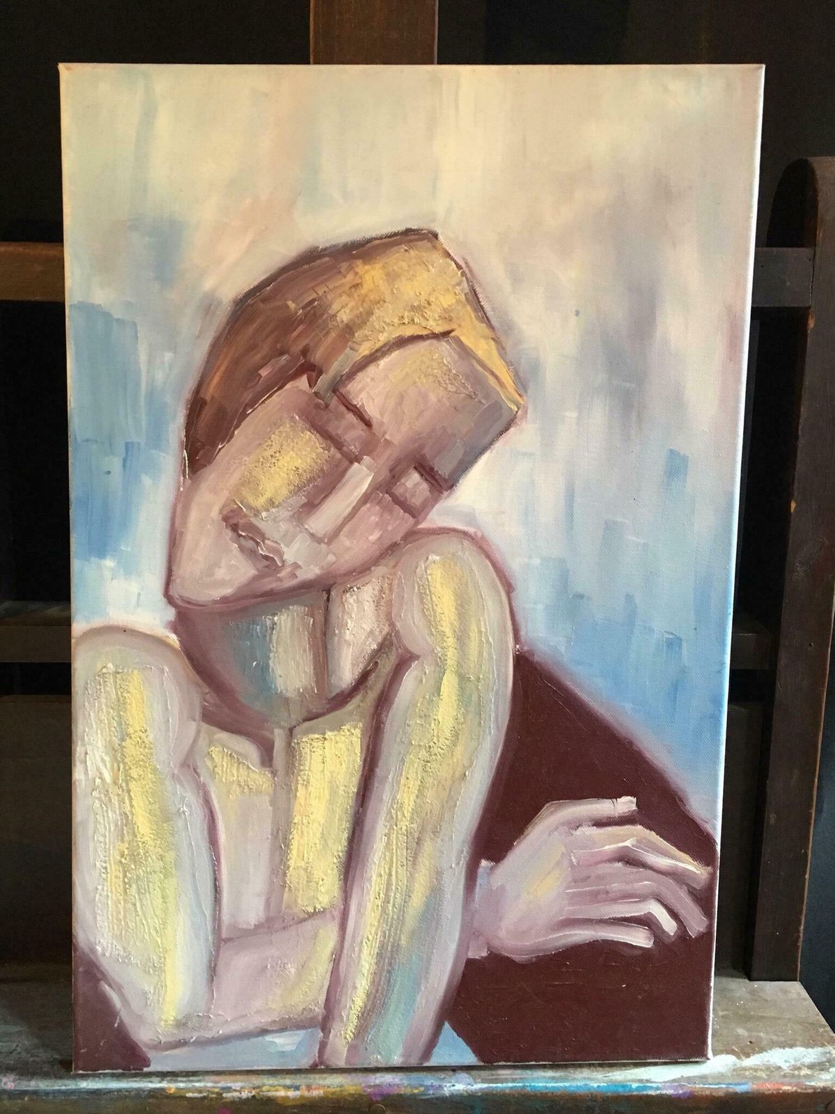 Beatrice Werliefrench Abstract Portrait Picasso Style Blue Colour Original Oil Painting C.2000 photo vinterior