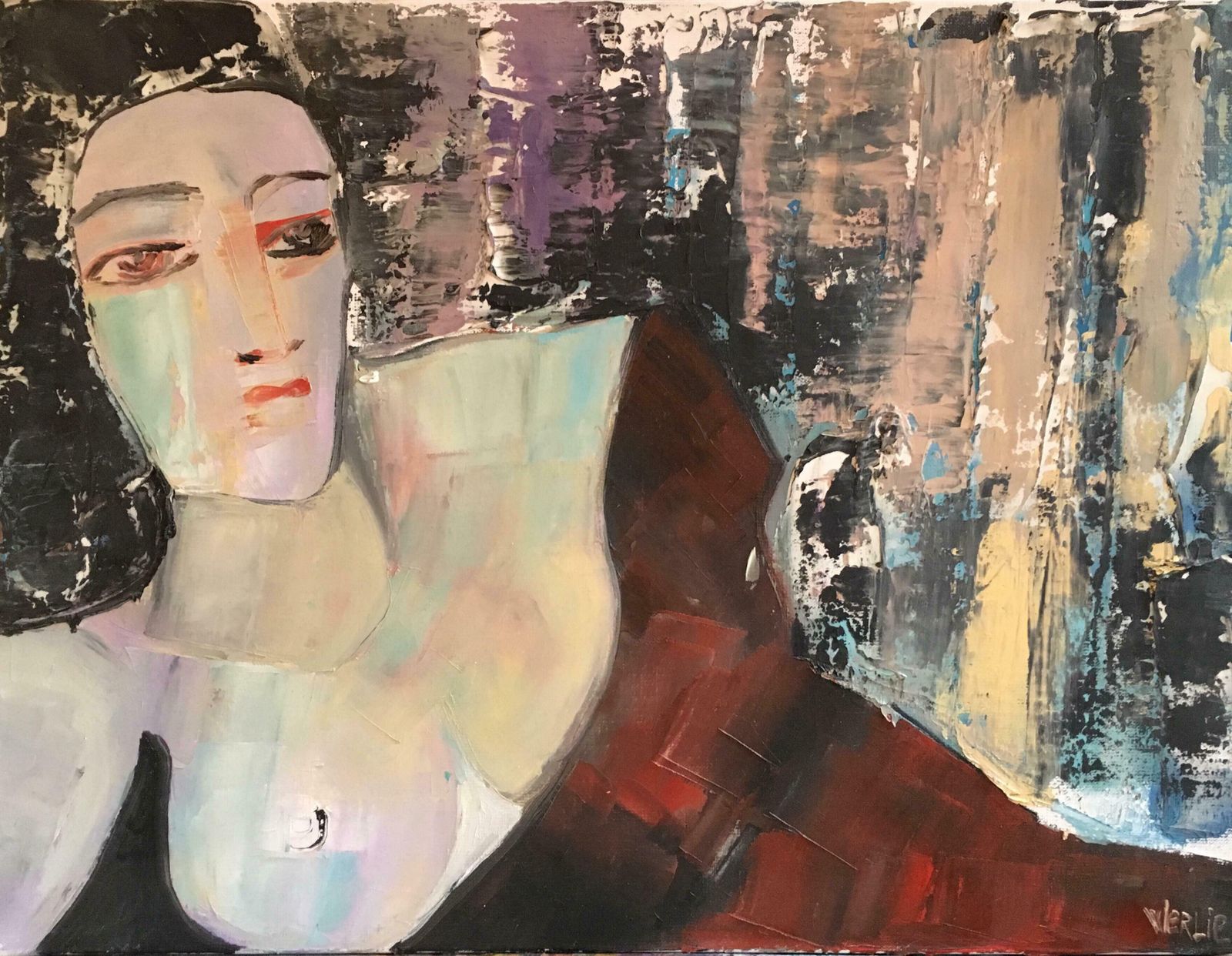 Beatrice Werliecontemporary French Modernist Portrait Lady In Red Oil Painting Signedc.2000