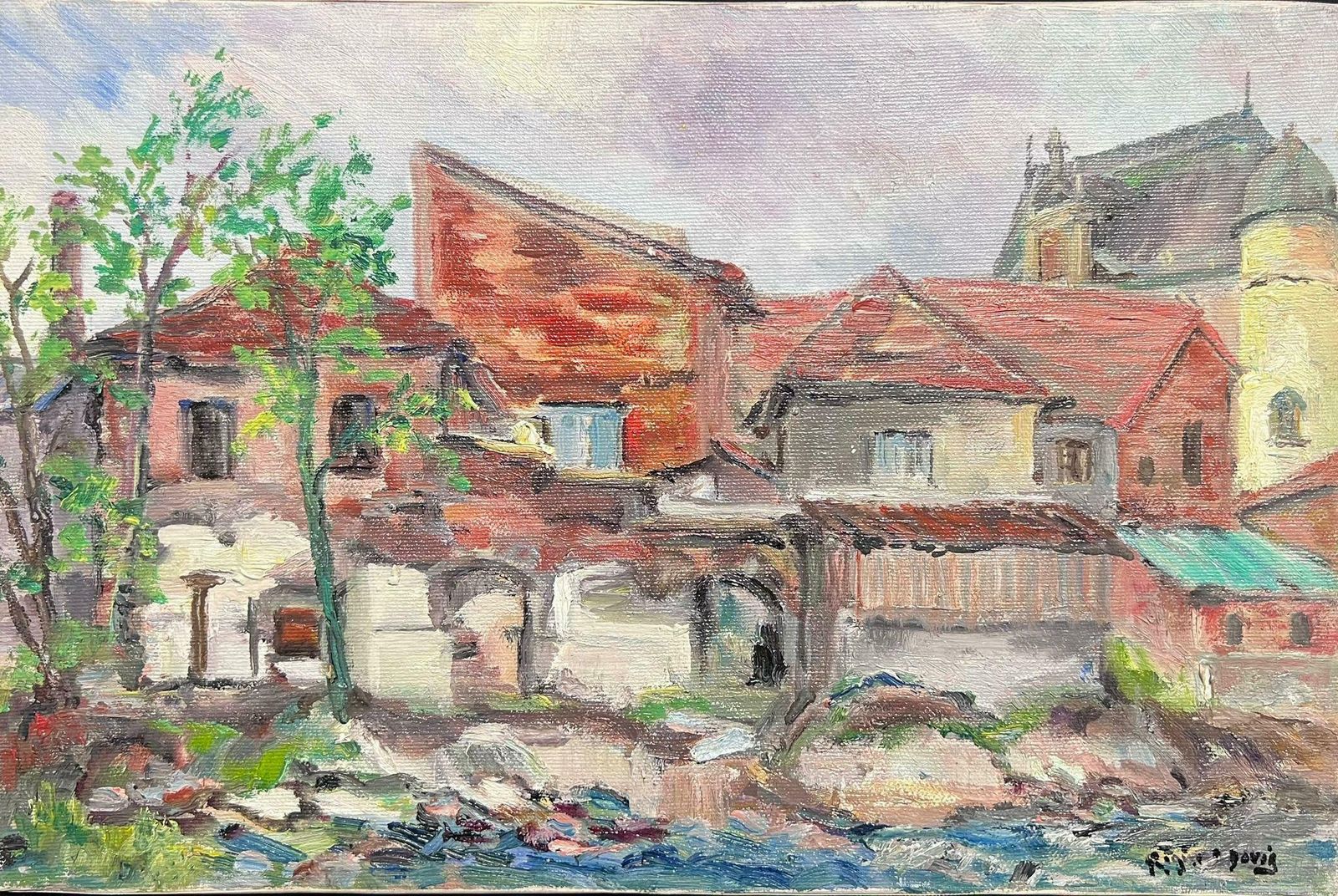 Regine Davidmid 20th Century 1950's French Post Impressionist Oil Roanne Town Buildings View1950's