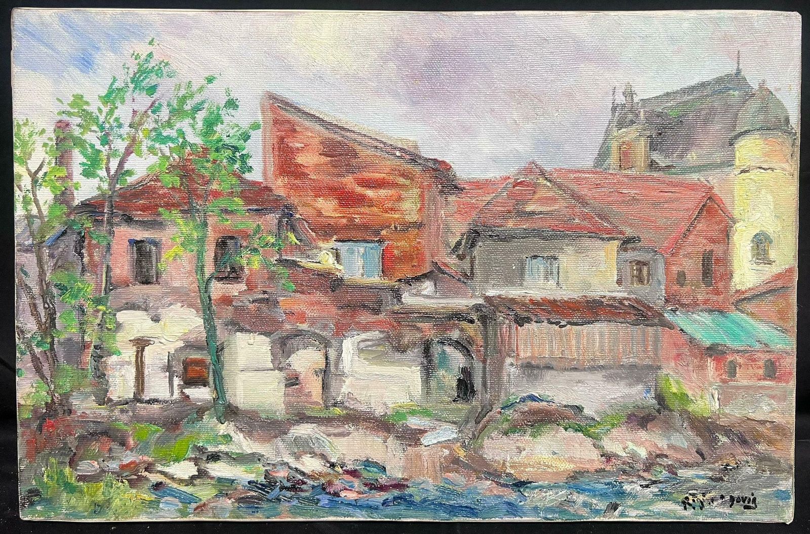 Regine Davidmid 20th Century 1950's French Post Impressionist Oil Roanne Town Buildings View1950's photo furniture