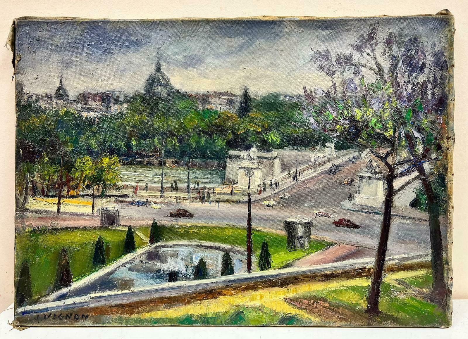 Josine Vignon1950's French Post Impressionist Oil Painting Busy Paris River Scene & Bridge1950's photo furniture