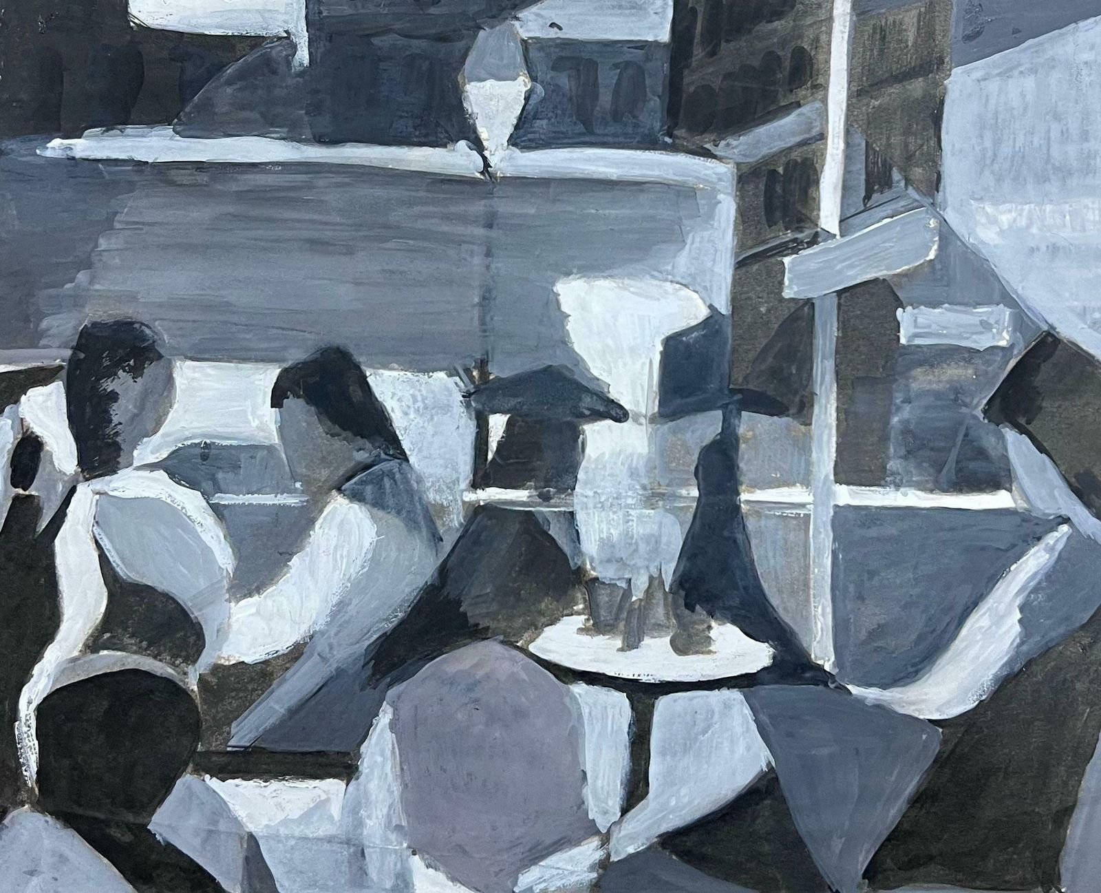 Guy Nicod Black And White Figures In Restaurant French 20th Century Modernist Painting