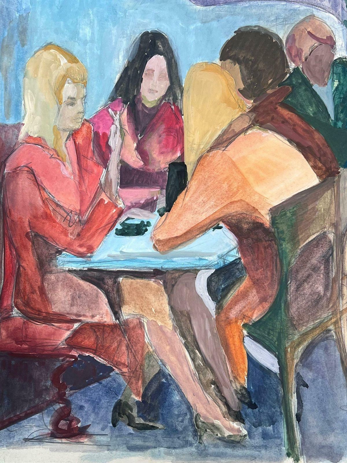 Guy Nicod 20th Century Modernist Painting Girls Gossiping In French Bistro photo for sale