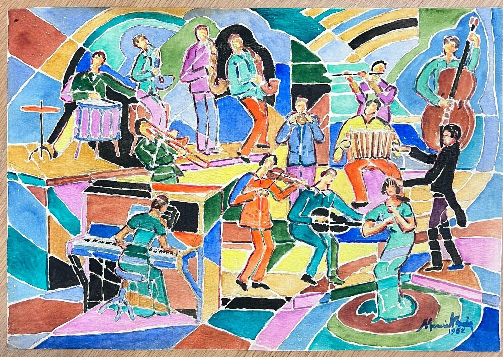 French Schoolfrench 1960's Cubist Abstract Painting Musicians In Band Playing Colorful Image1960's photo furniture