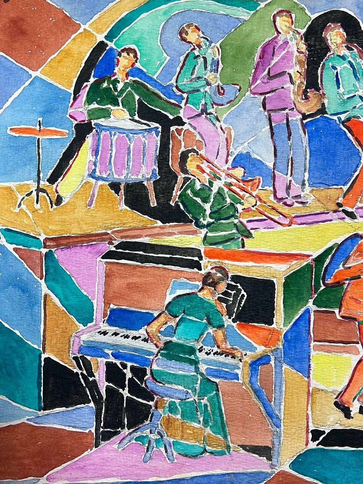 French Schoolfrench 1960's Cubist Abstract Painting Musicians In Band Playing Colorful Image1960's photo Art