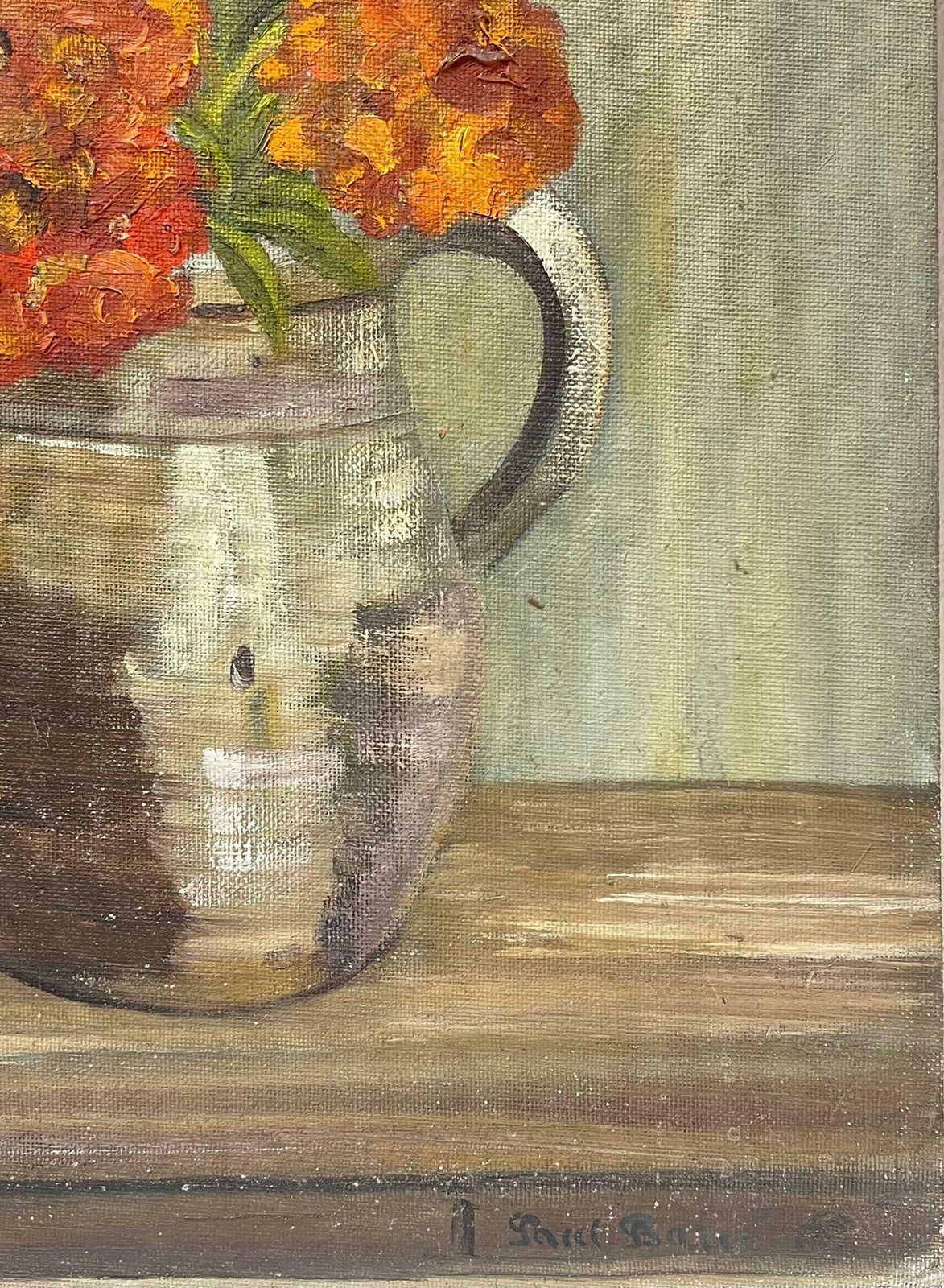 French Schoolorange And Yellow In Stone Vase On Oak Table Interior Painting photo for sale