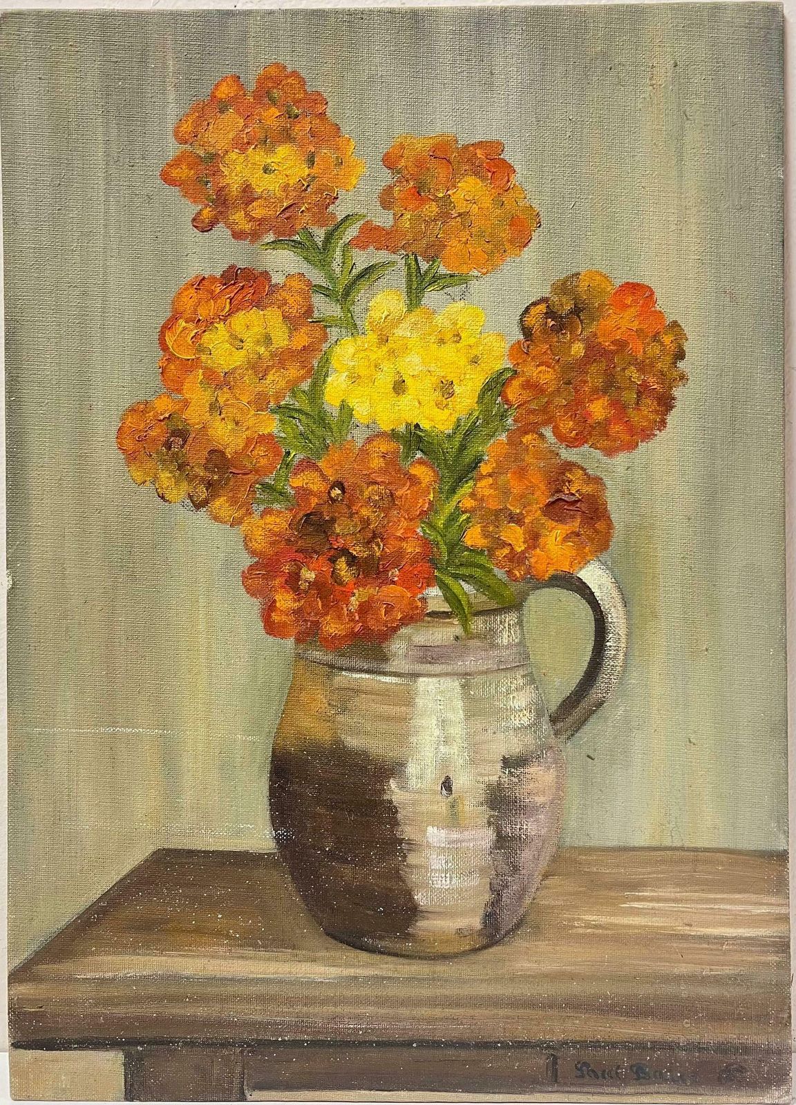 French Schoolorange And Yellow In Stone Vase On Oak Table Interior Painting photo 1022.0