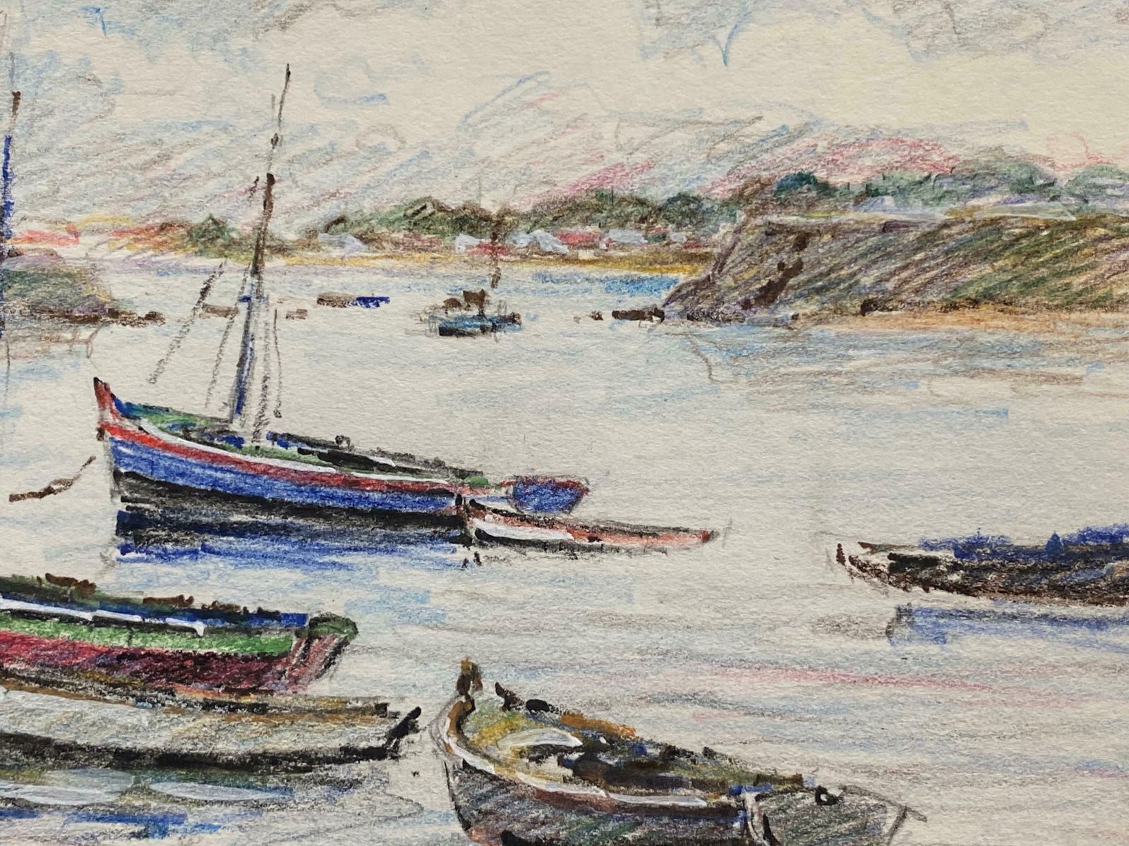Camille Meriotsailing Boats Moored At Sea, French Signed Impressionist Crayon Drawingc. 1940's photo for sale