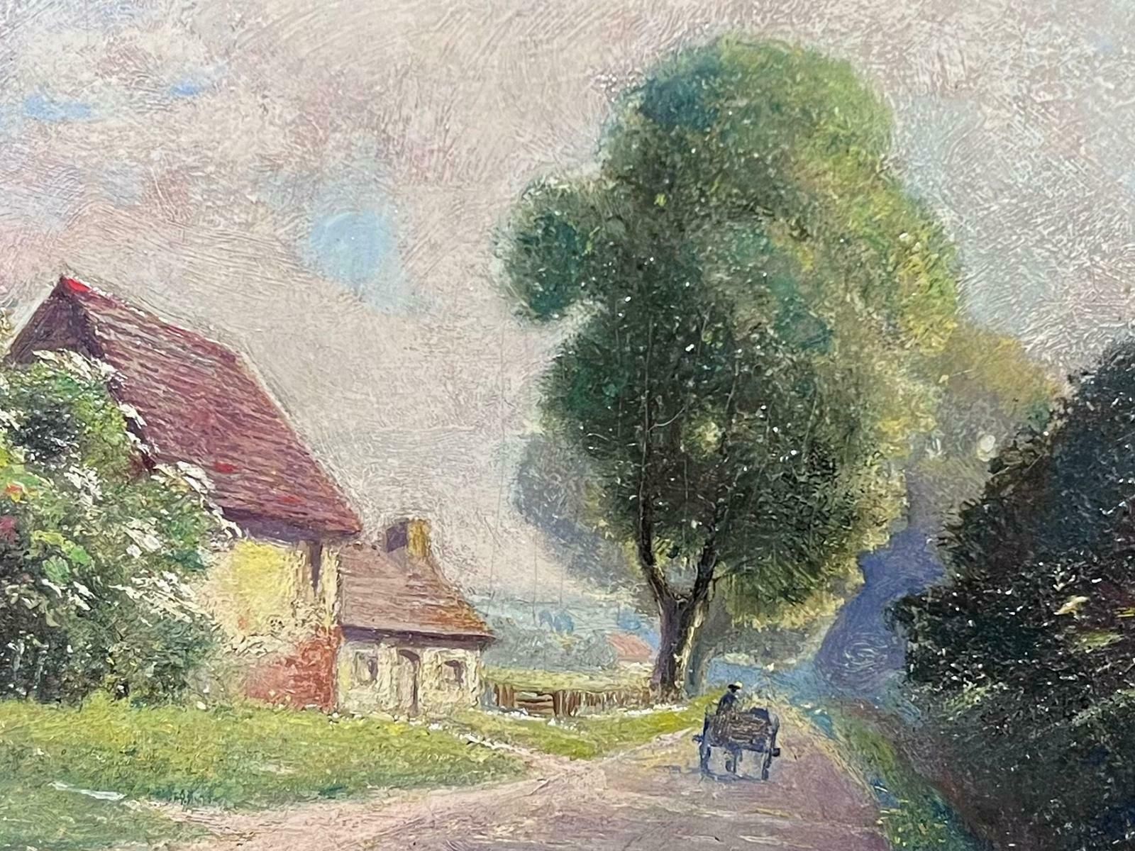 British School Oval Antique British Oil Painting Village Lane Cottage With Figure Gilt Frame photo furniture