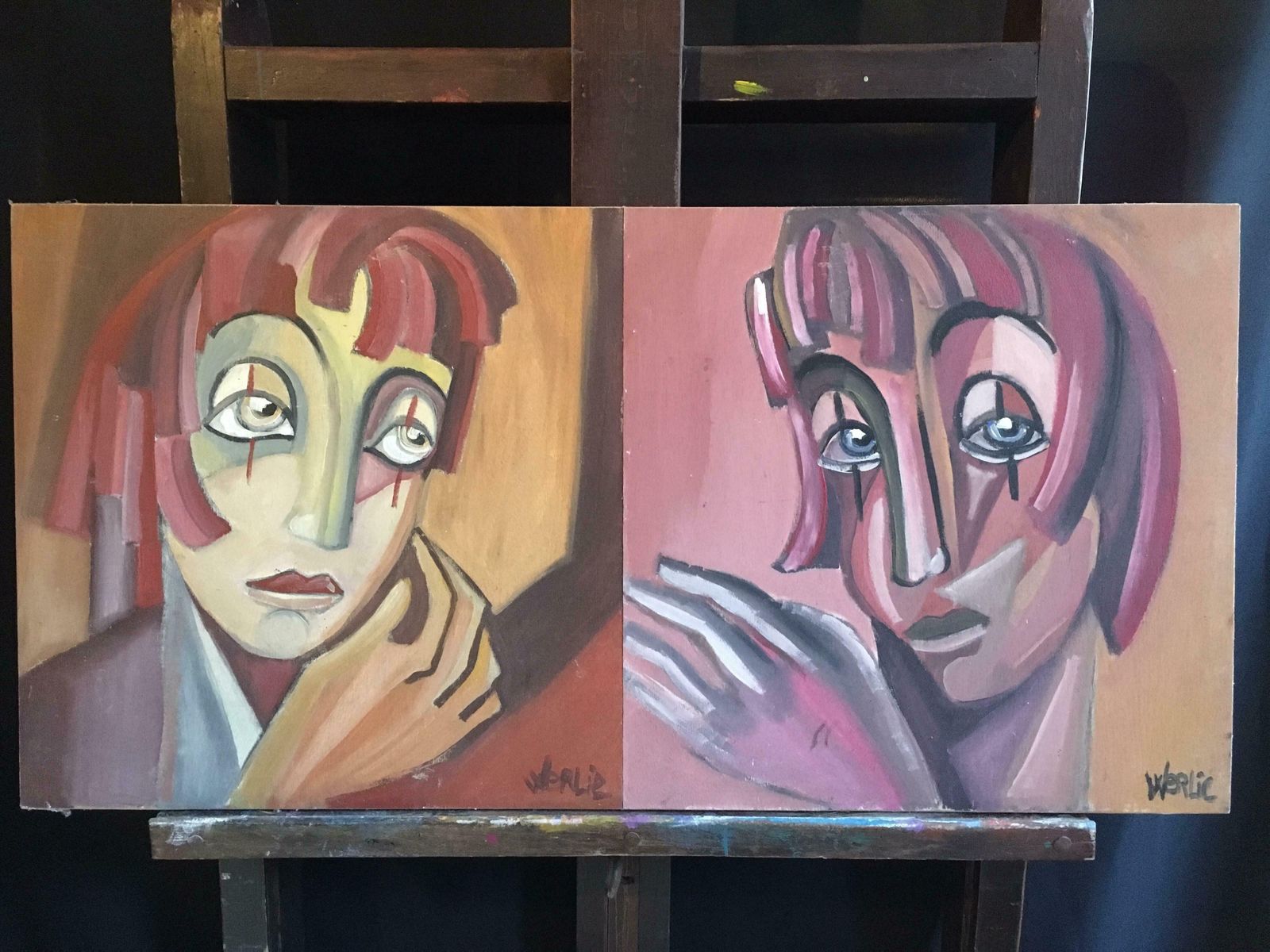Beatrice Werliecontemporary Abstract French Portraits Two Paintings Side By Sidec.1990s photo furniture