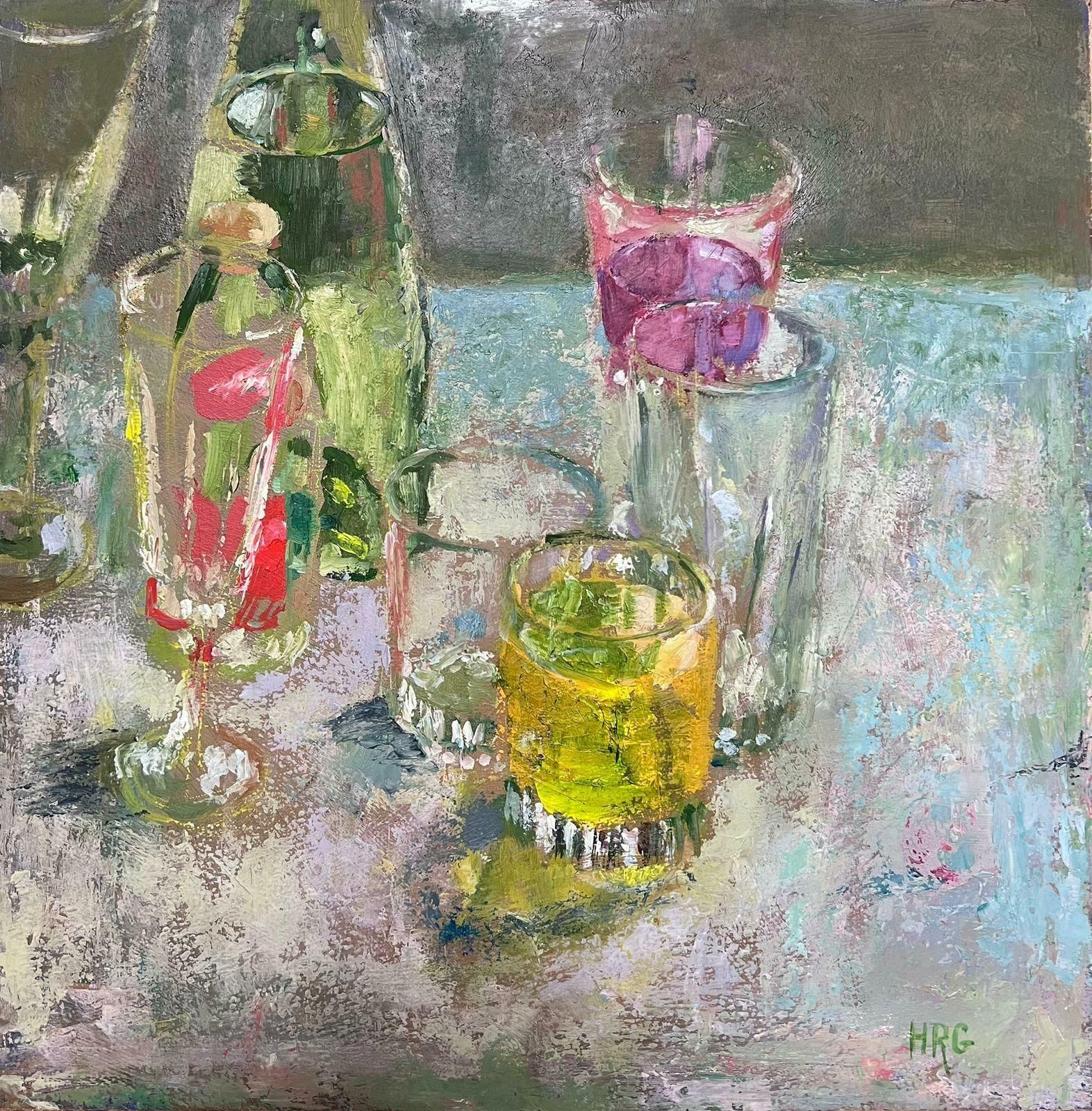 Helen Greenfieldcolourful Glasses On Blue Table 20th Century British Modernist Oil Painting photo furniture