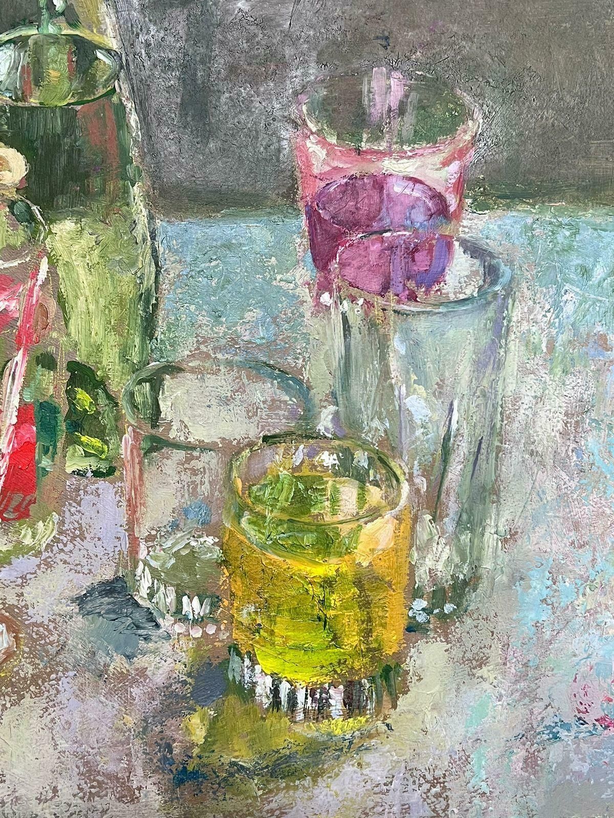 Helen Greenfieldcolourful Glasses On Blue Table 20th Century British Modernist Oil Painting photo 812.0