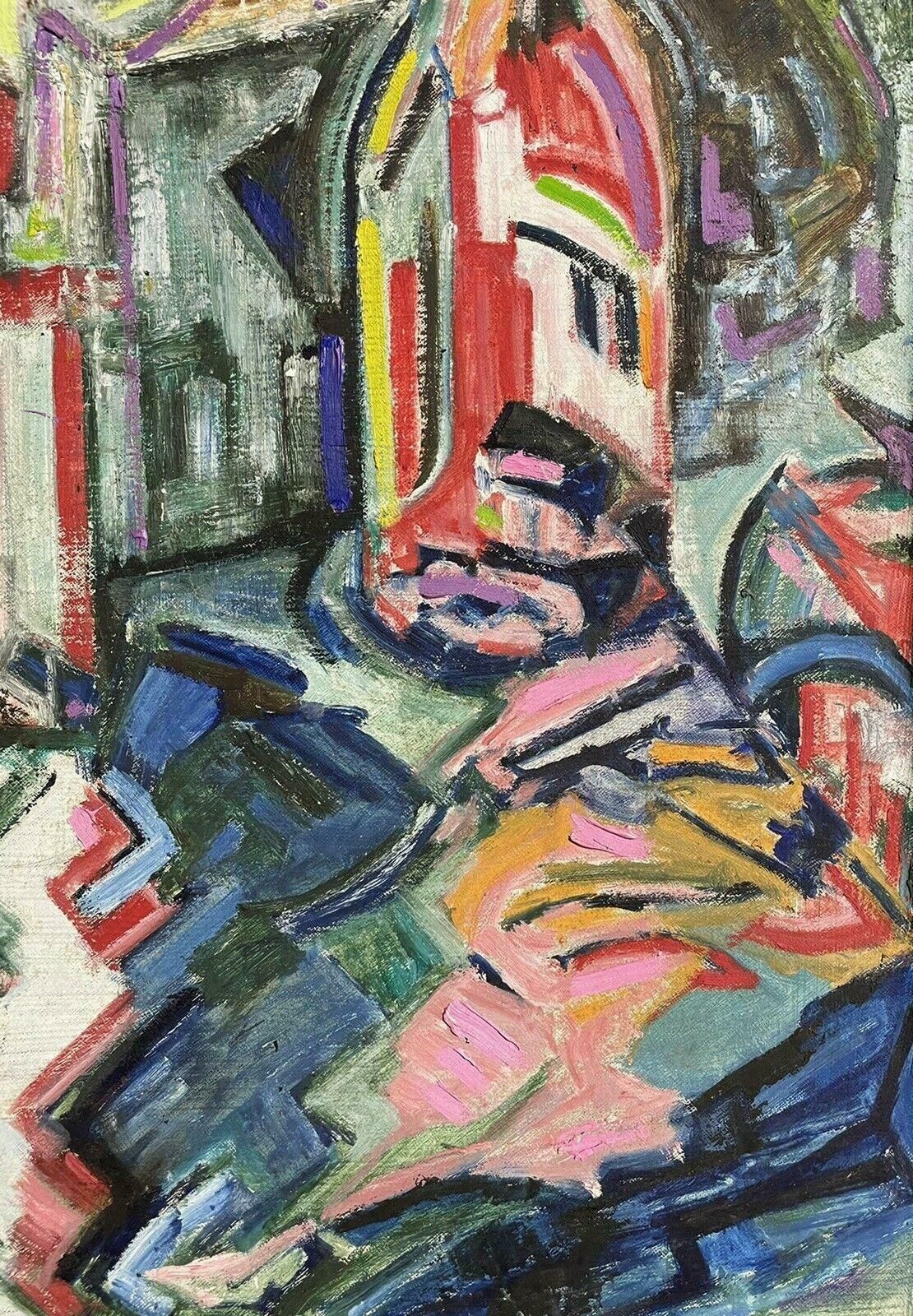 Laurie Normanlaurie Norman (1927 2019) Large Oil   Abstract Cubist View Of Buildings/ Town photo for sale