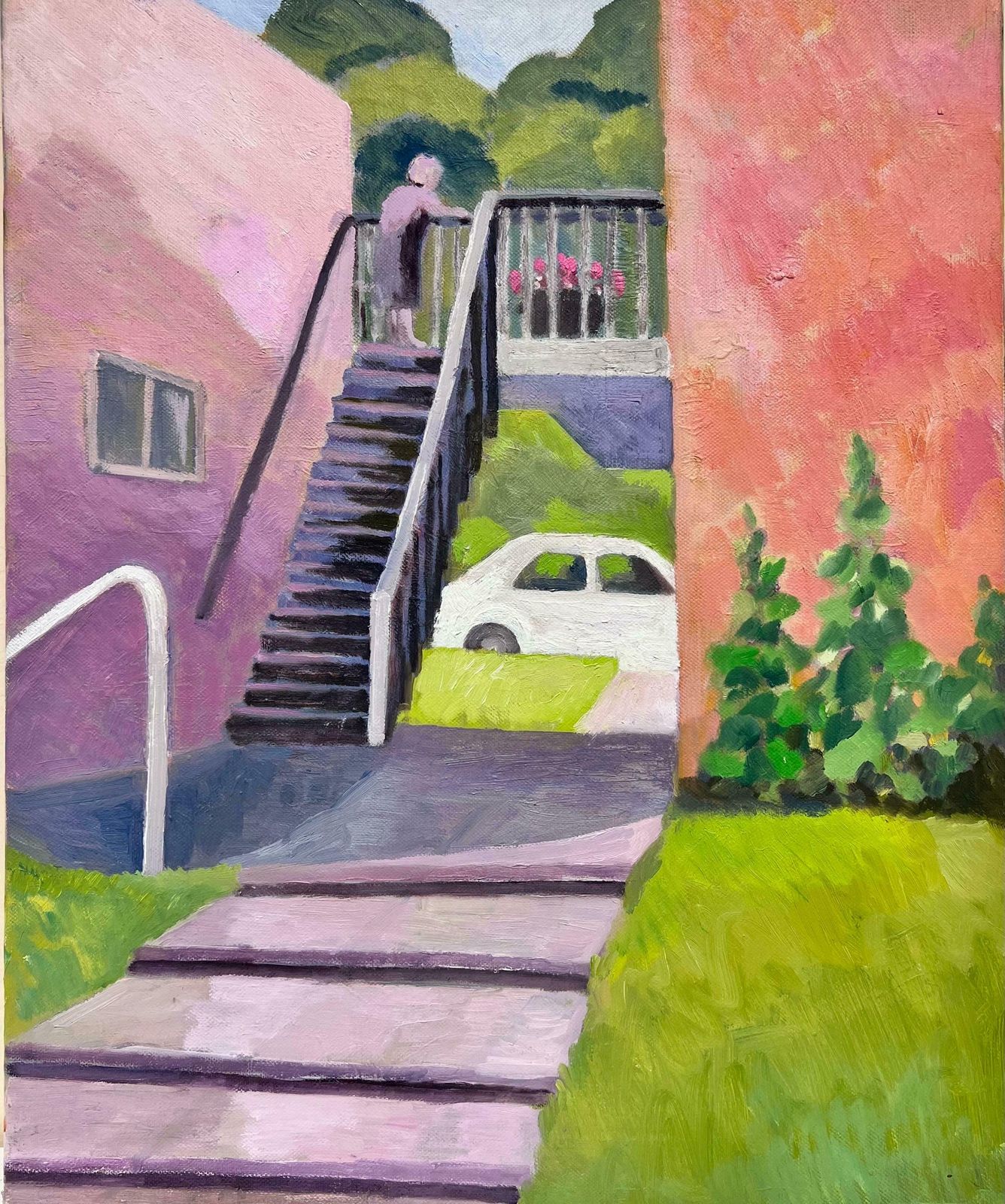 Jill Jacksoncontemporary British Painting Lady On Garden Steps, Terracotta Pinks & Greens