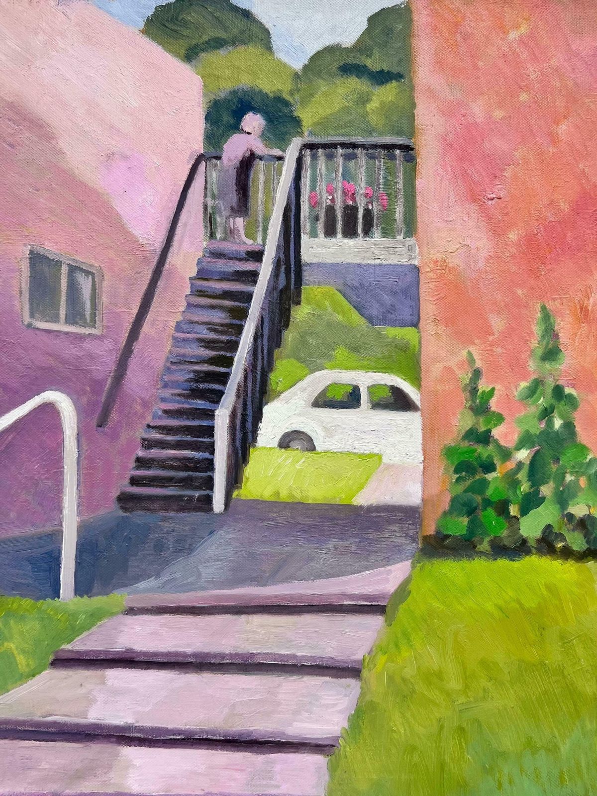 Jill Jacksoncontemporary British Painting Lady On Garden Steps, Terracotta Pinks & Greens photo furniture