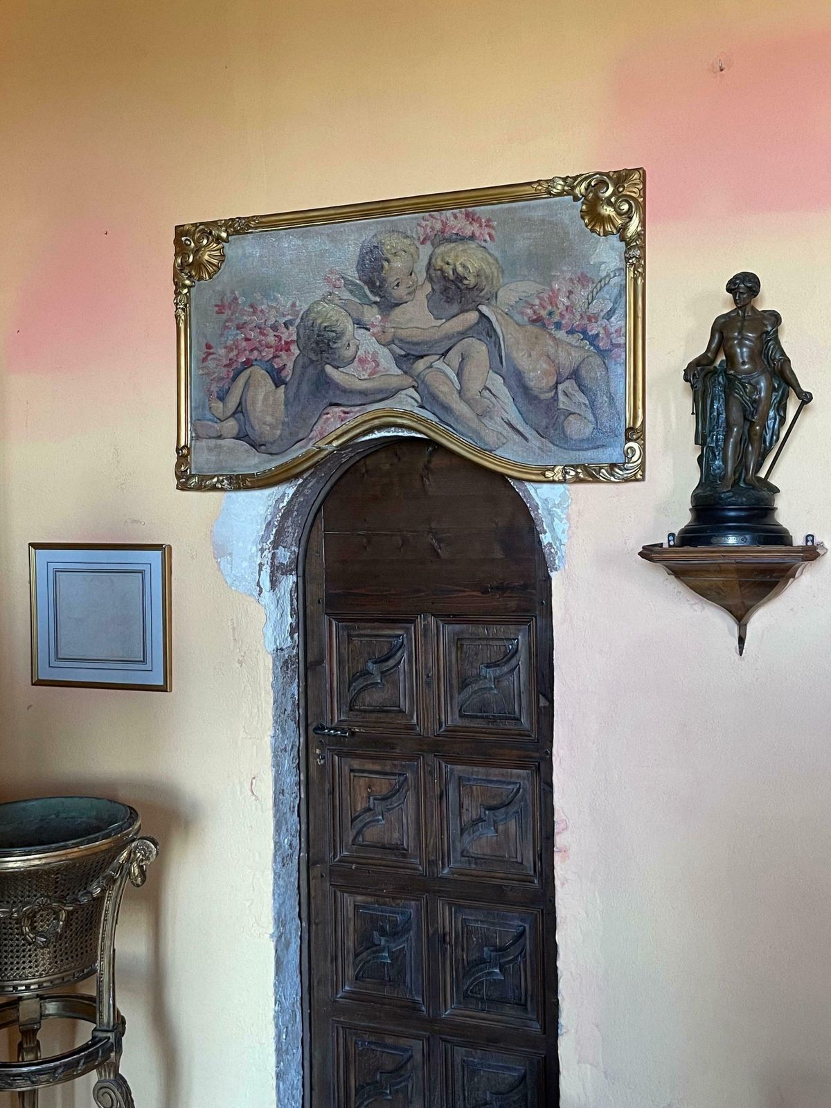 French Rococofine Antique French Rococo Scrolled Oil Painting Cherubim Playing   Over Doorc. 1900's photo furniture