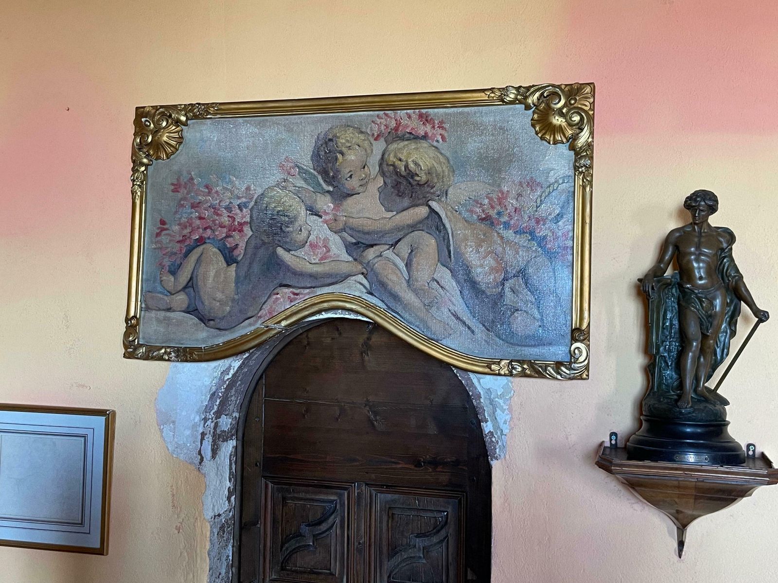 French Rococofine Antique French Rococo Scrolled Oil Painting Cherubim Playing   Over Doorc. 1900's photo for sale