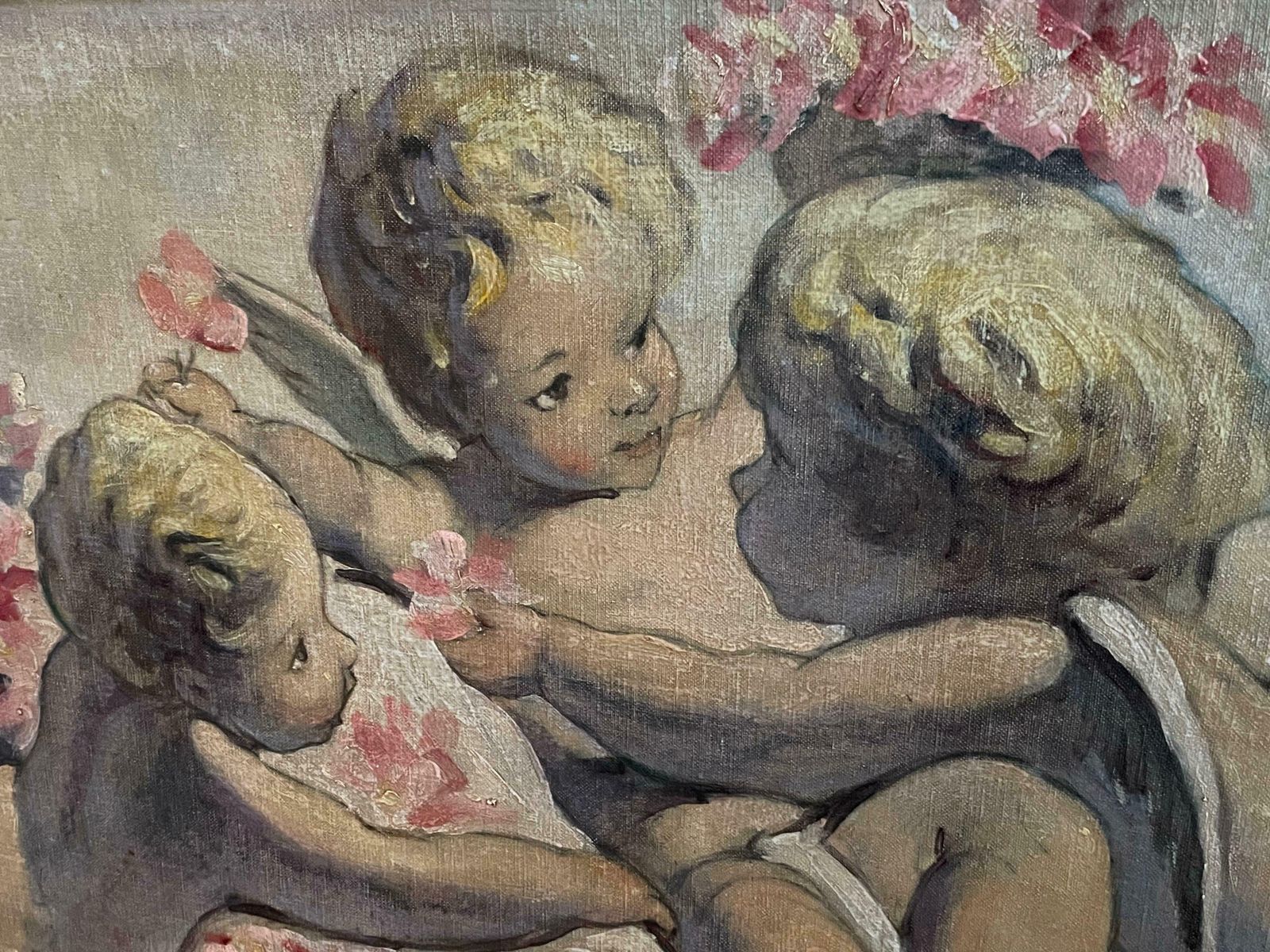 French Rococofine Antique French Rococo Scrolled Oil Painting Cherubim Playing   Over Doorc. 1900's photo buy