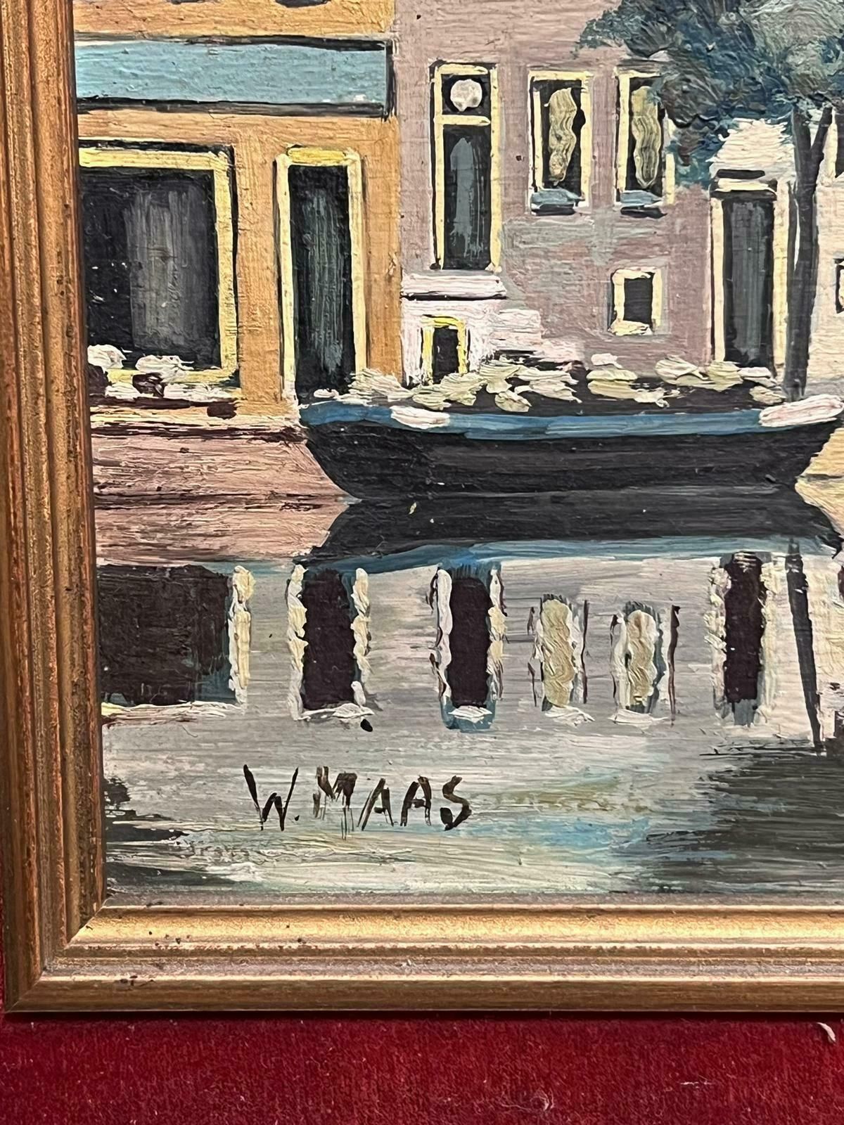 W. Maascanal View In Amsterdam Tranquil Cityscape Dutch School Signed Oil Painting photo vinterior