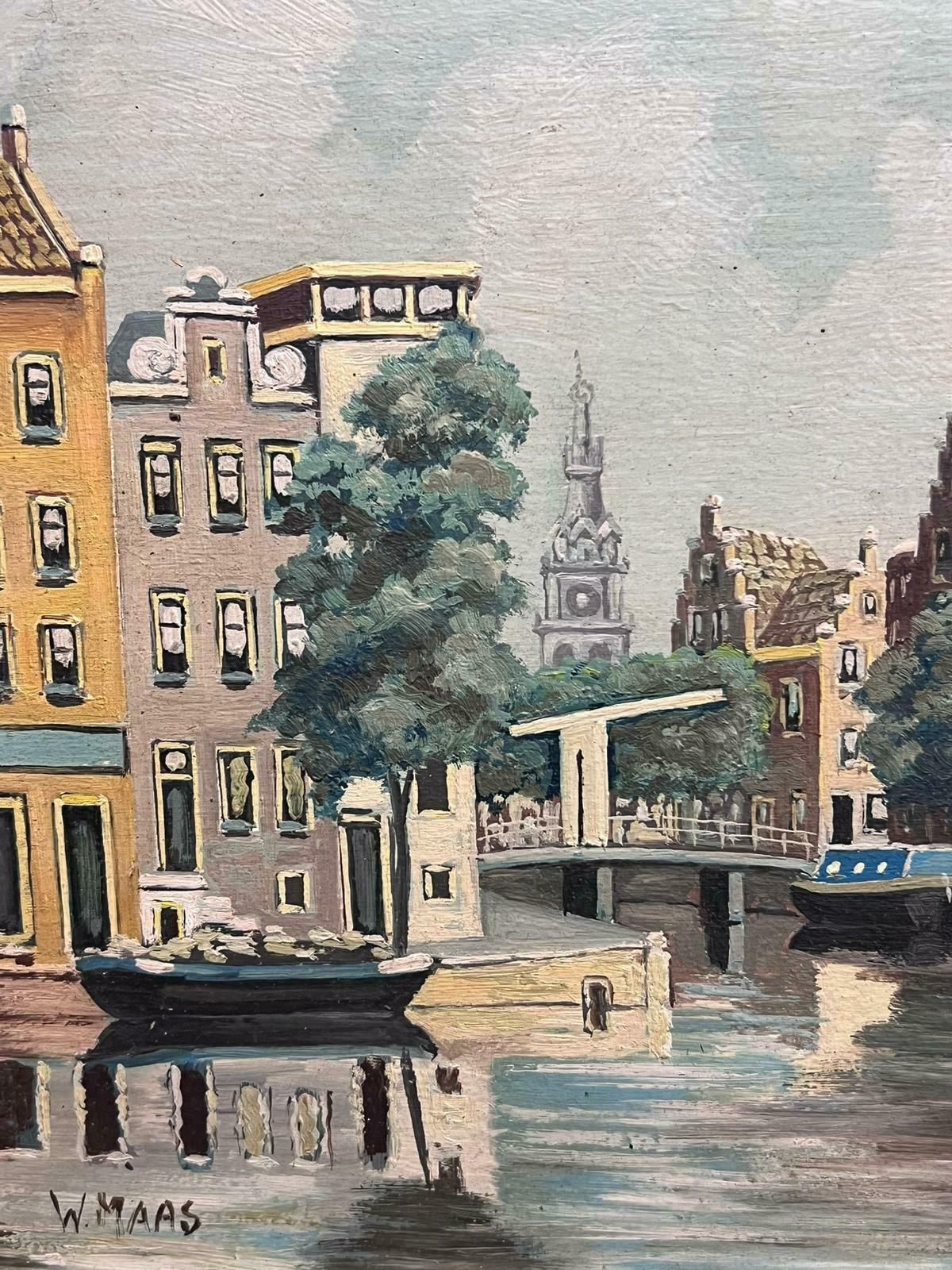 W. Maascanal View In Amsterdam Tranquil Cityscape Dutch School Signed Oil Painting photo buy