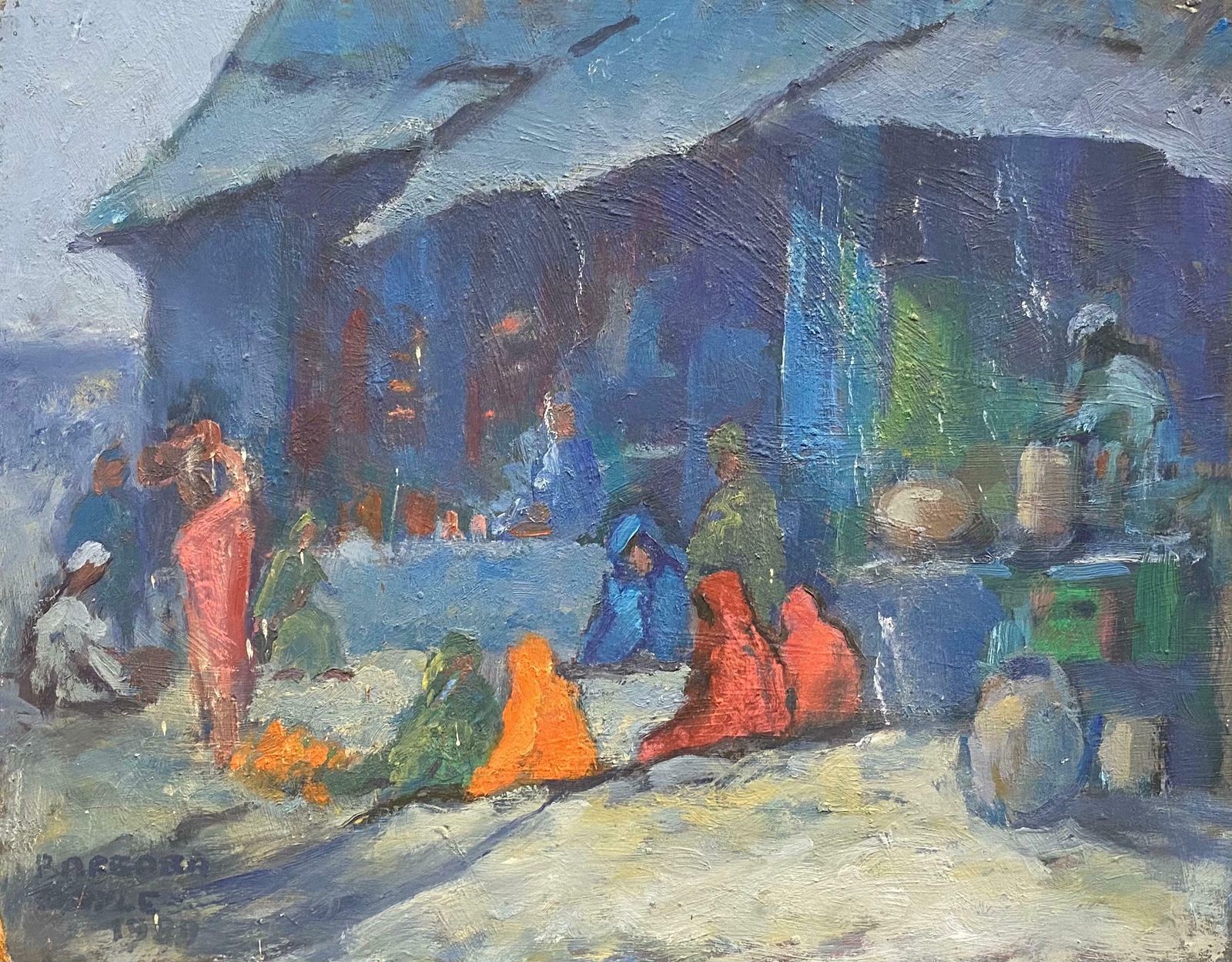 Barbera Doyle1970's Impressionist Oil Painting   Mount Abu Market Busy Figurative Scenec. 1970's