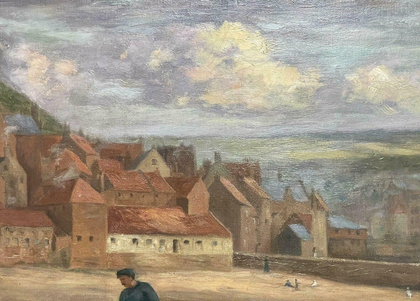 Charles E Flowerdew (British Exh.1885)victorian Signed Oil Painting   Whitby Fishermen Standing On East Pier Harbour photo for sale