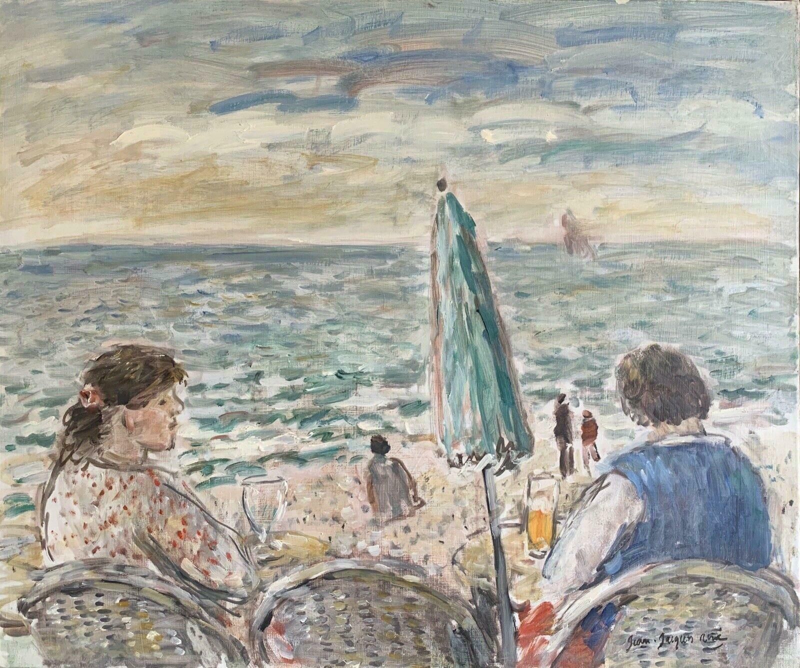 Jean Jacques Rene (B.1943)figures At Beach Cafe Looking Out To Brittany Coastline Seascape French Oilc. 2000