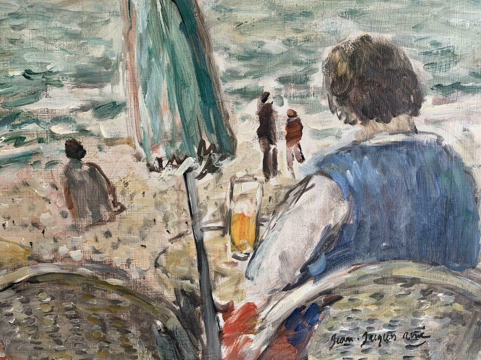 Jean Jacques Rene (B.1943)figures At Beach Cafe Looking Out To Brittany Coastline Seascape French Oilc. 2000 photo for sale