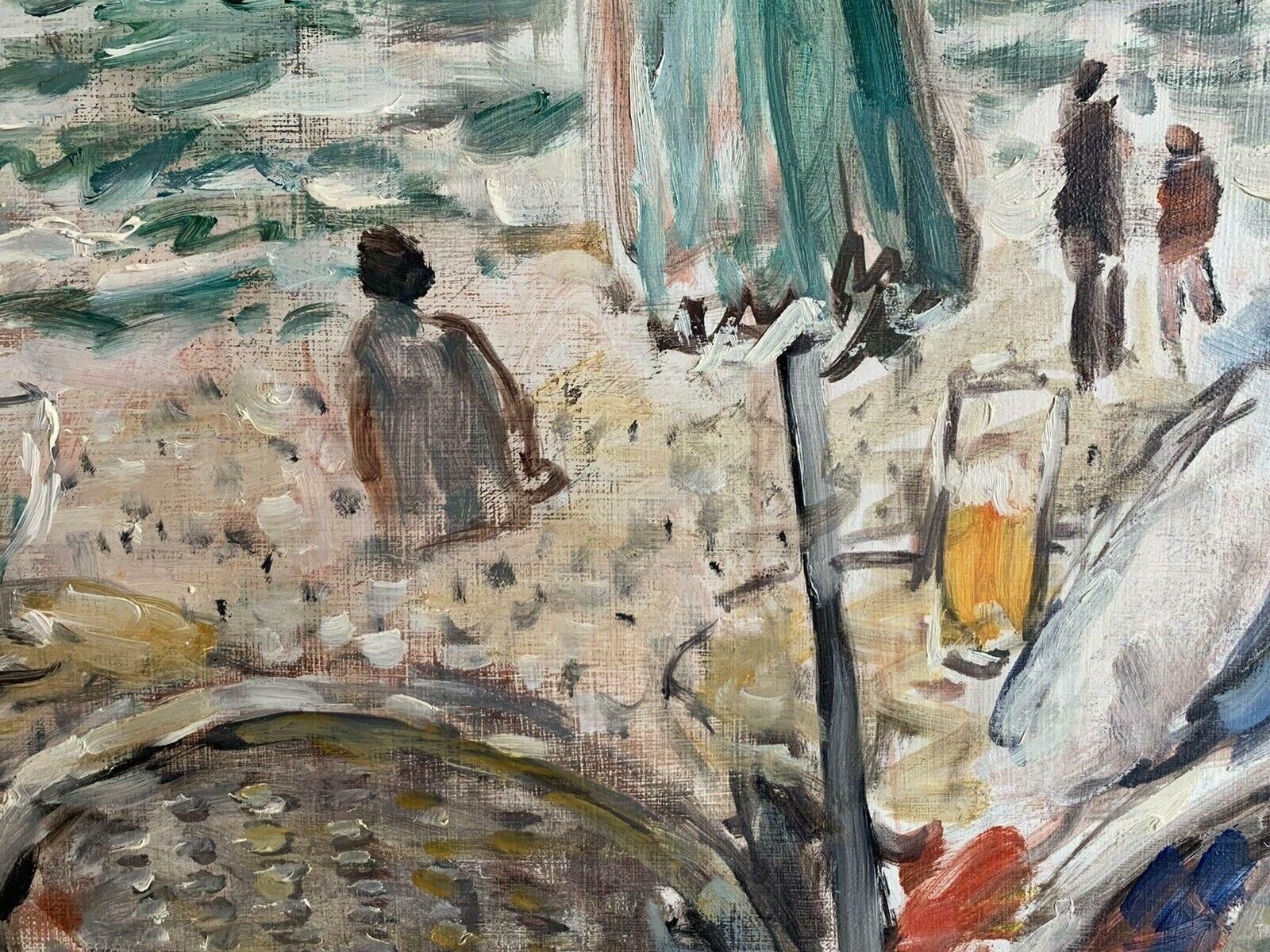 Jean Jacques Rene (B.1943)figures At Beach Cafe Looking Out To Brittany Coastline Seascape French Oilc. 2000 photo vinterior