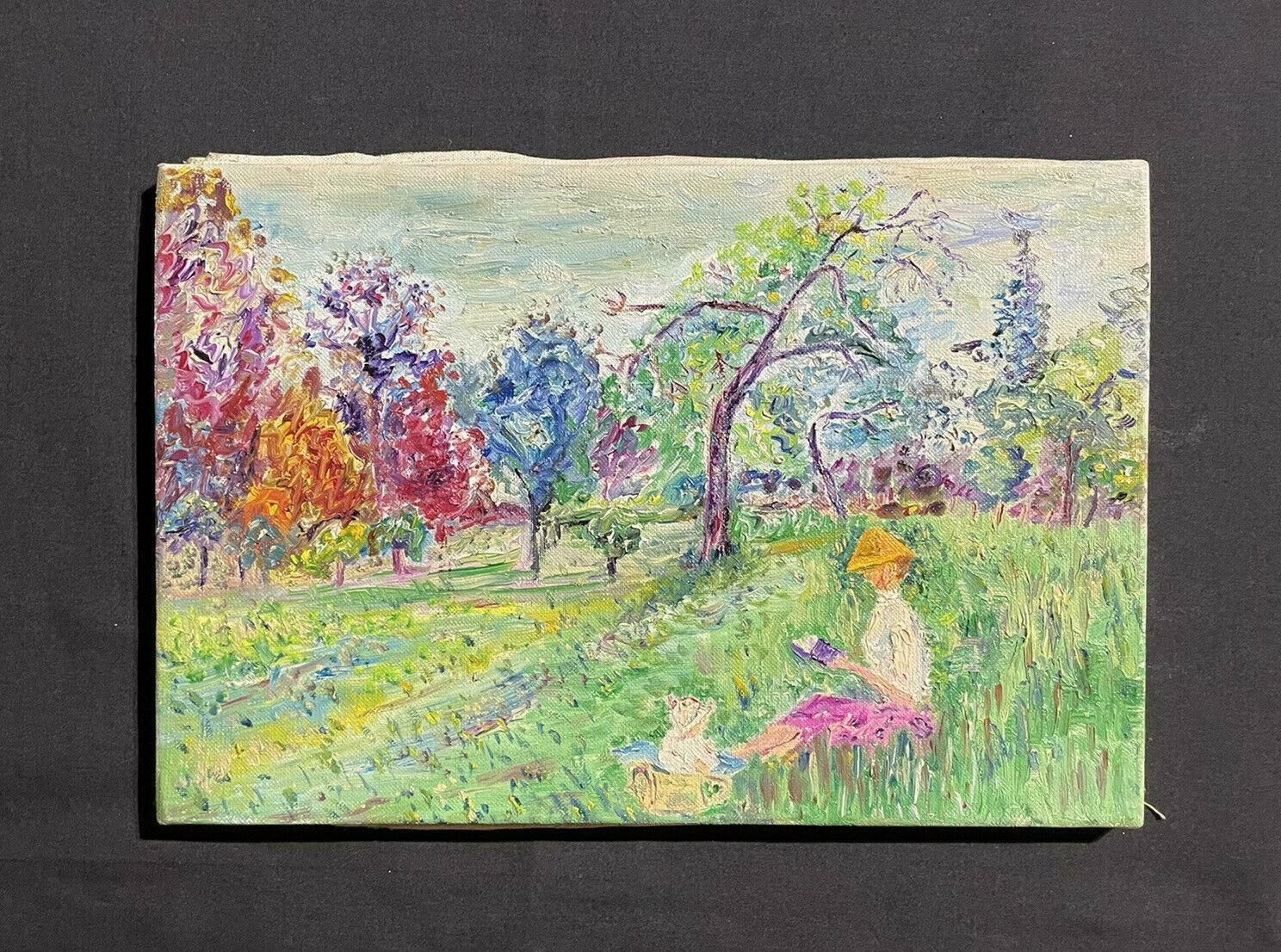Unknownmid 20th Century French Impressionist Oil   Lady Seated In Long Grass Fieldmid 20th Century photo for sale