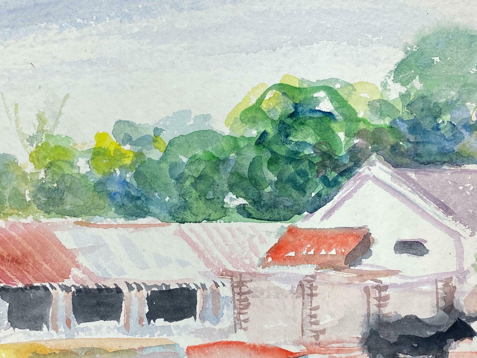 Akos Birocolourful Abstract, French Expressionist Original Painting Farm Buildingsc.1980s photo 332.0