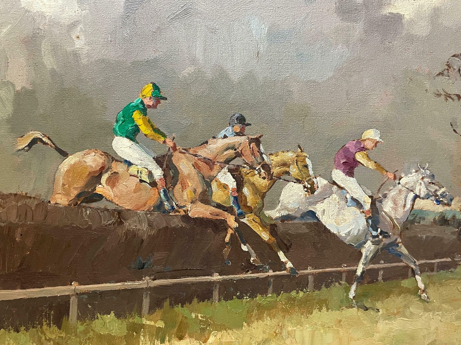Eric Goddardfine British Horse Racing Oil Painting 'Steeple Chase' Signed And Dated 1970c. 1970