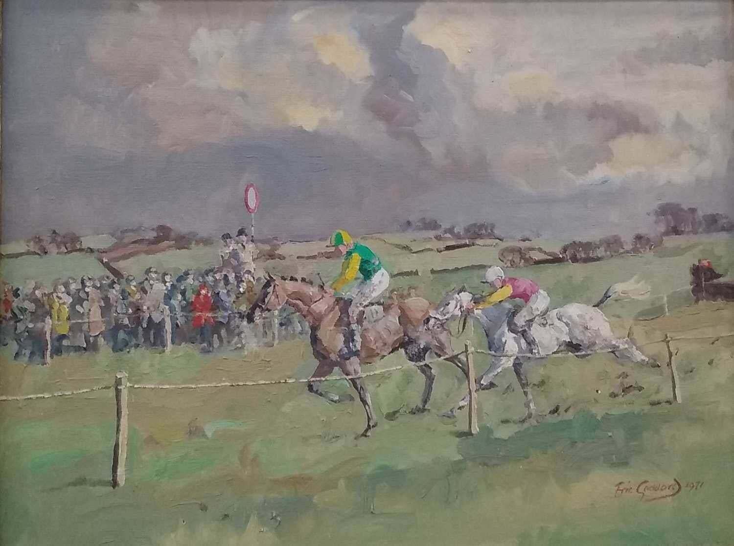 Eric Goddardfine British Horse Racing Oil Painting 'Crossing The Post' Signed And Dated 1971c. 1971