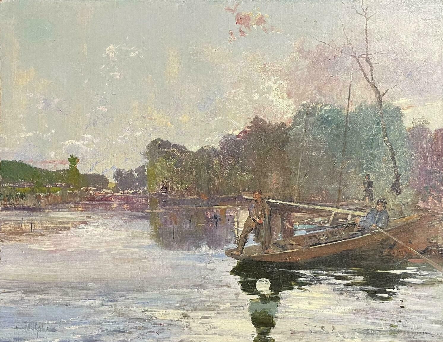 Unknown1930's French Impressionist Signed Oil   Fishermen On Wooden Punt On Riverc. 1930s
