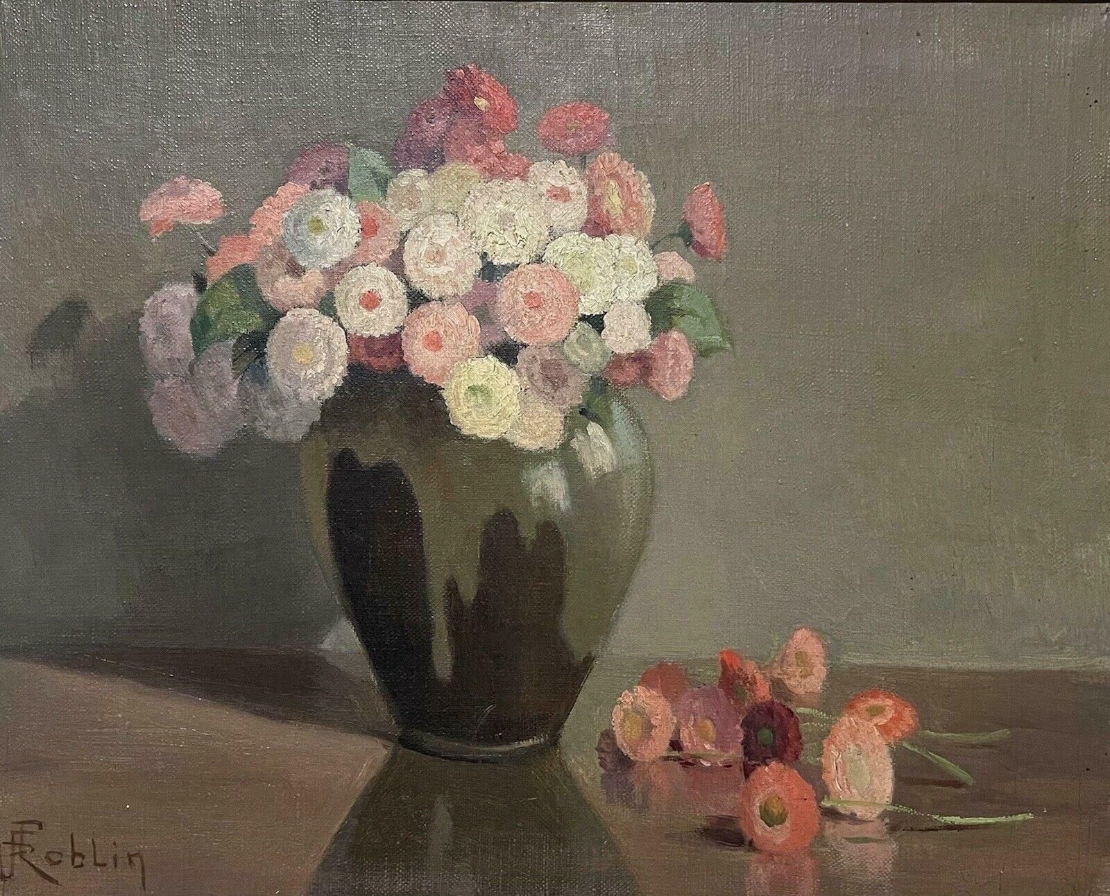 Unknown1950's French Flower Oil Painting   Pastel Shades Of Pinks Greens & Grey Colorsc. 1950's
