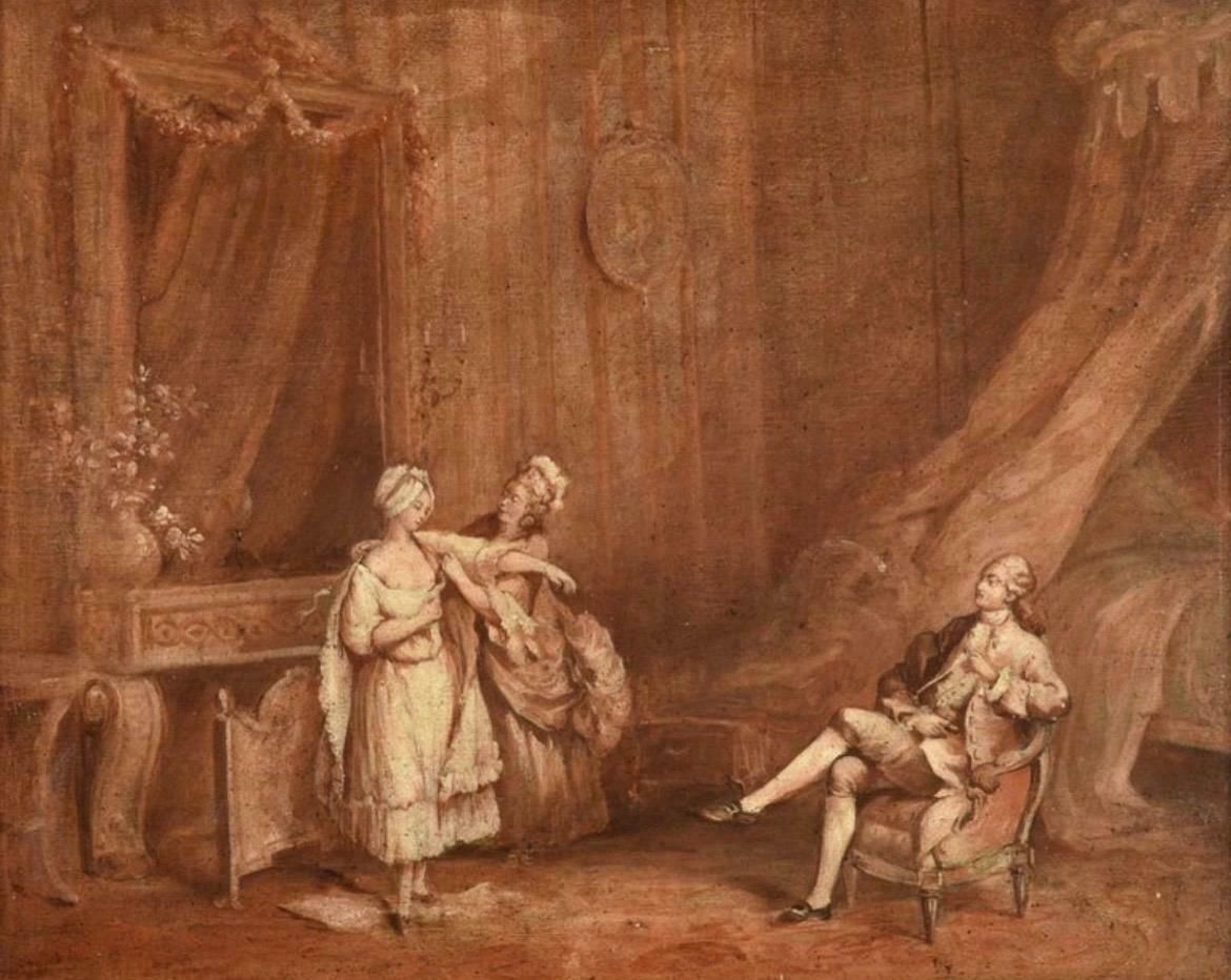 Fine Early 1700's French Oil Elegant Figures Lady Being Dressed Rococo Interiorc. 1720's photo Art