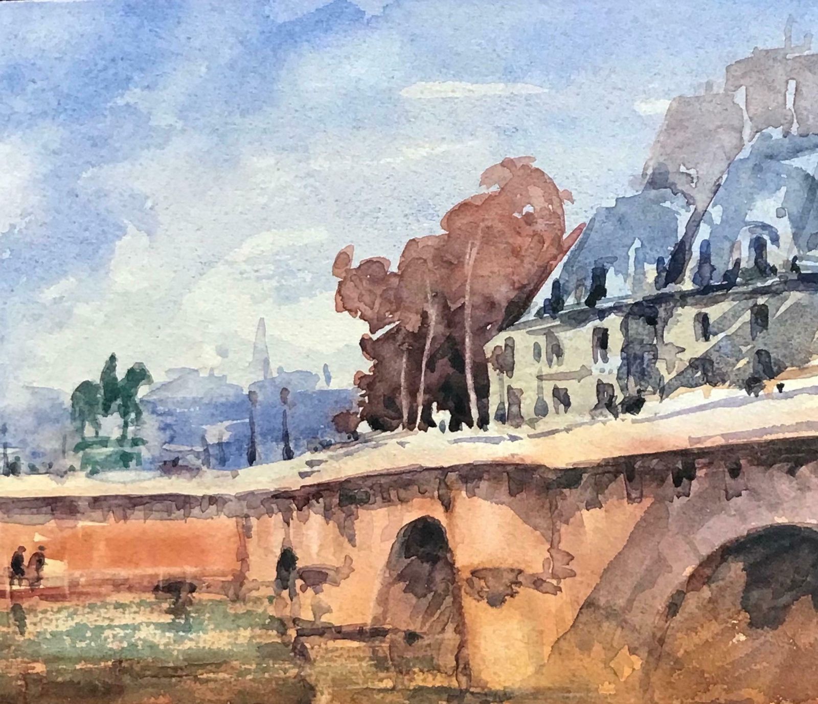 Maurice Mazeiliemaurice Mazeilie French Watercolour   Down By The River Seine Bridge Scene photo for sale
