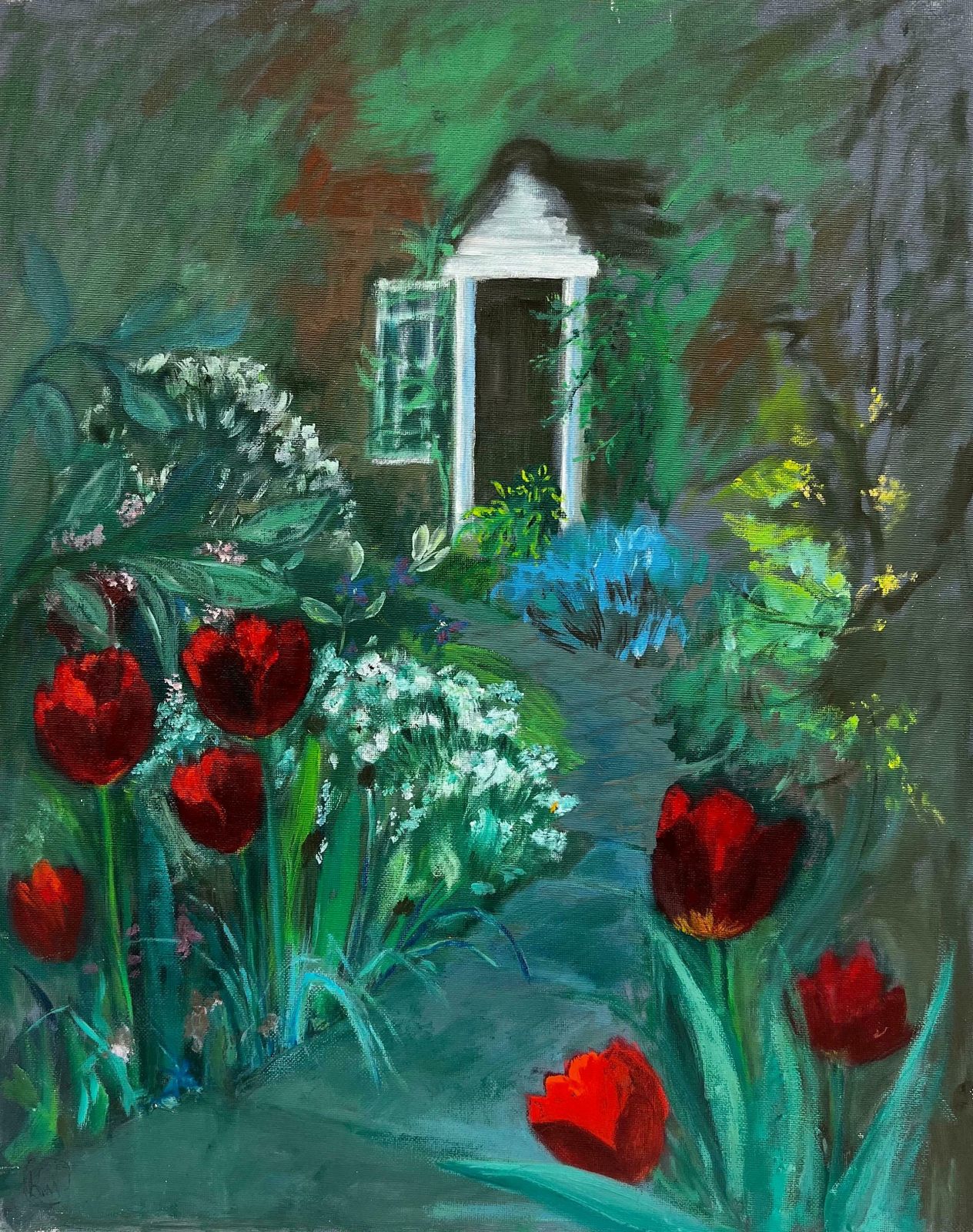 Kathleen Crowthe Red Tulip Path To The Secret Garden, Signed Original Painting photo furniture