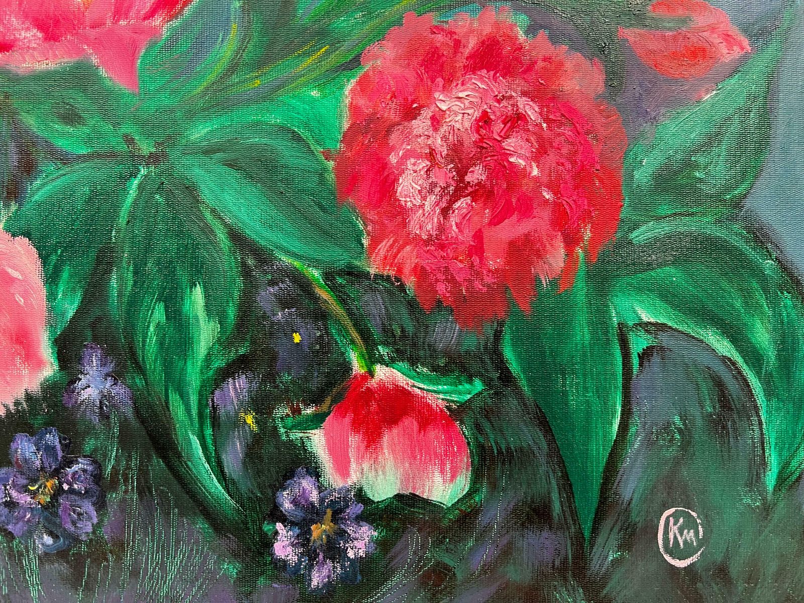 Kathleen Crowlarge British Contemporary Painting   Pink Flowers Against Blue Background photo buy