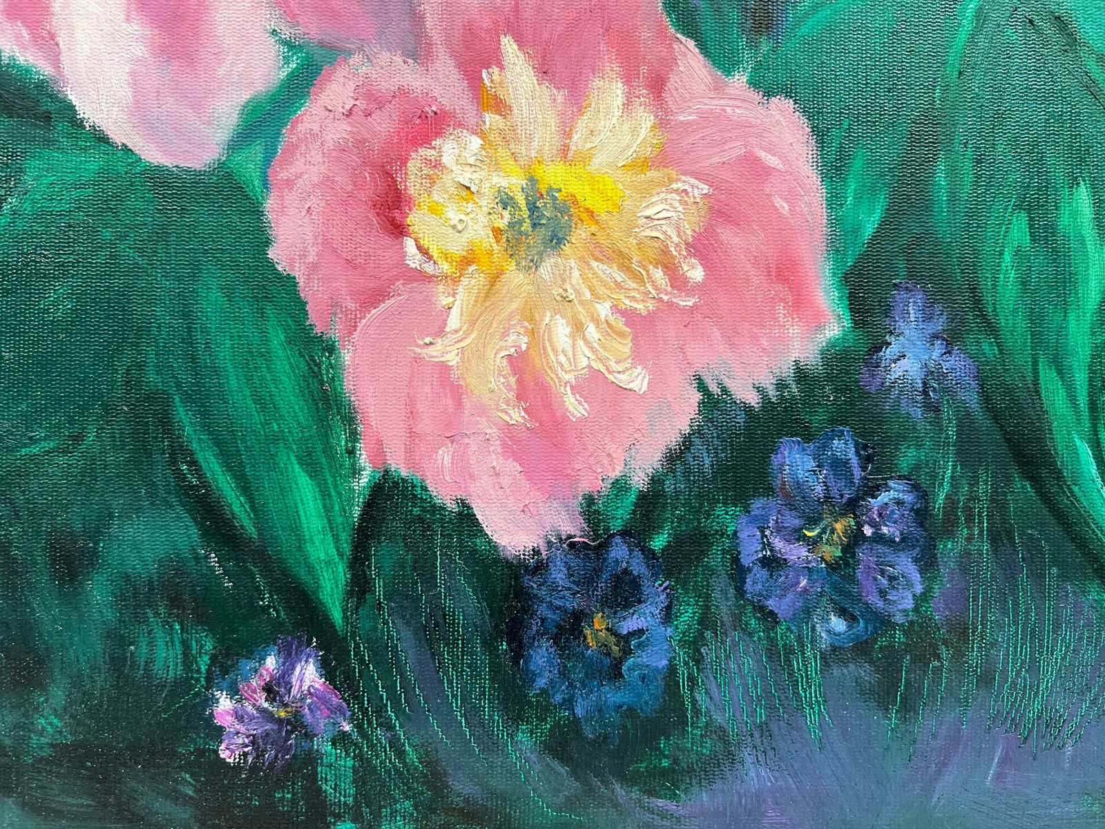 photo furniture Kathleen Crowlarge British Contemporary Painting   Pink Flowers Against Blue Background