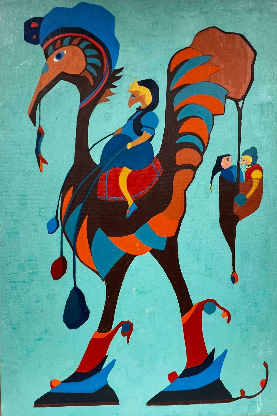 Kathleen Crowlarge British Abstract Painting Colorful Cockerel Bird, Original Work