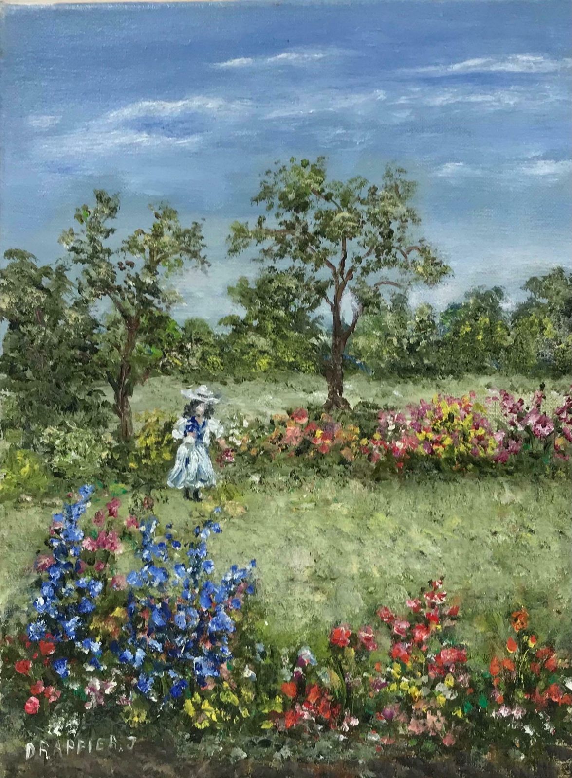 French Impressionistfrench Impressionist Signed Oil, Girl Picking Flowers In Meadows
