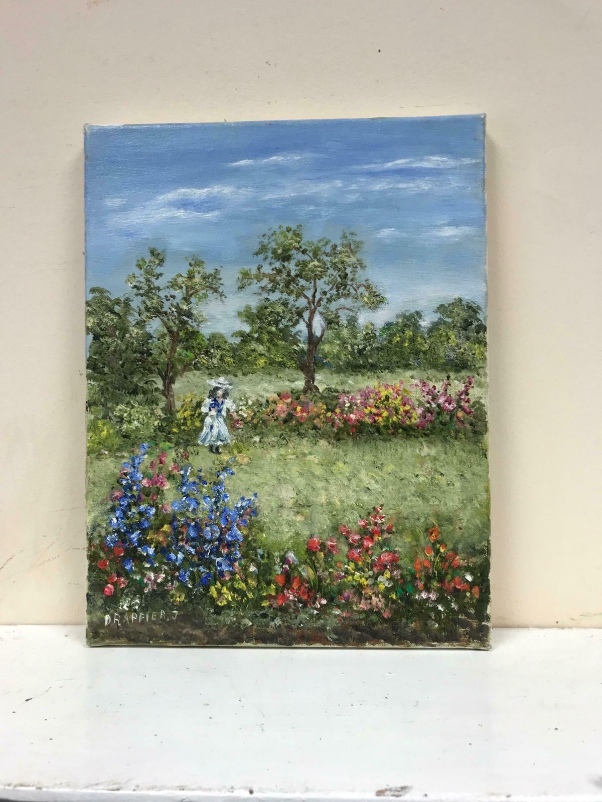French Impressionistfrench Impressionist Signed Oil, Girl Picking Flowers In Meadows photo furniture