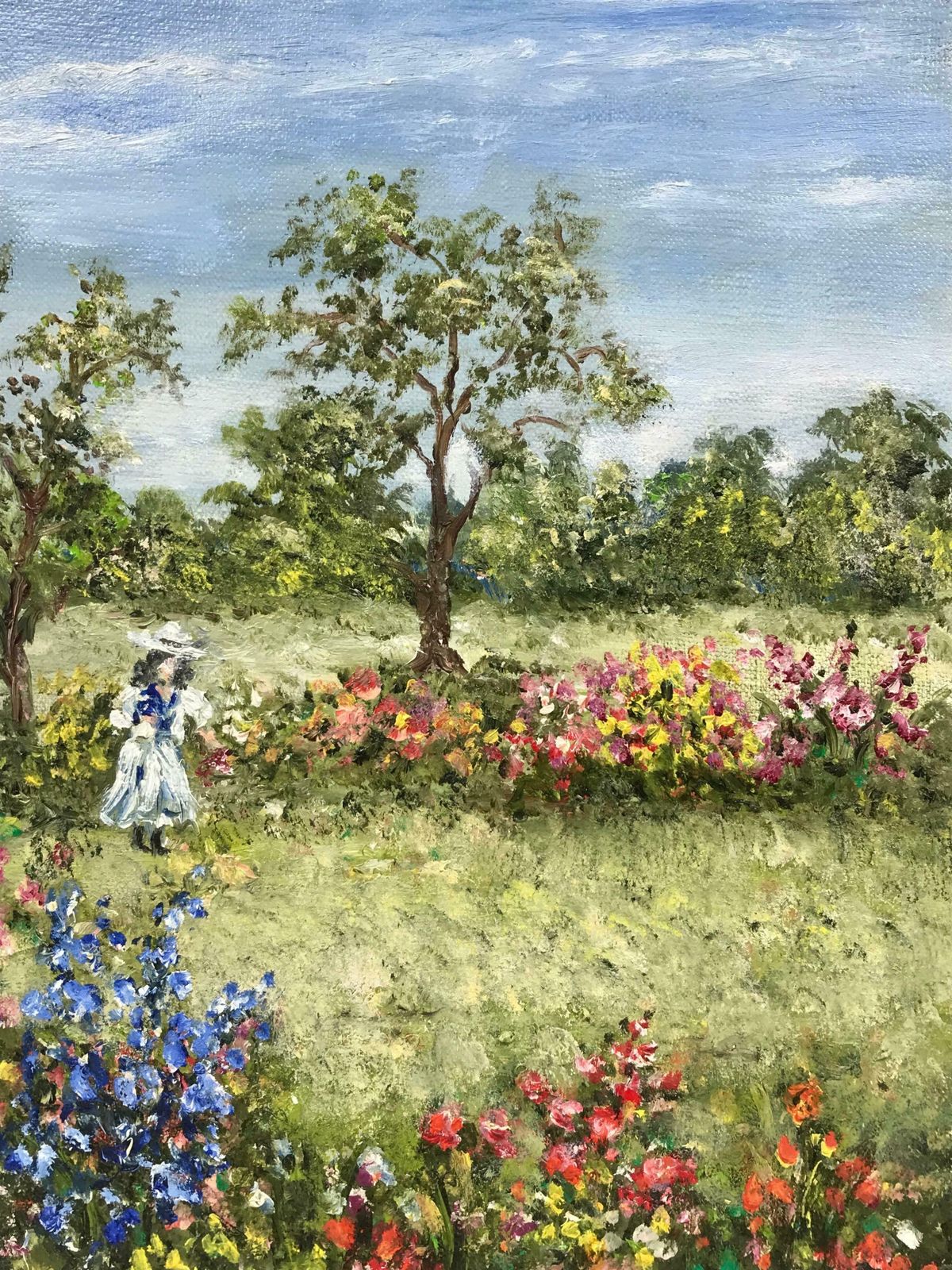 French Impressionistfrench Impressionist Signed Oil, Girl Picking Flowers In Meadows photo for sale