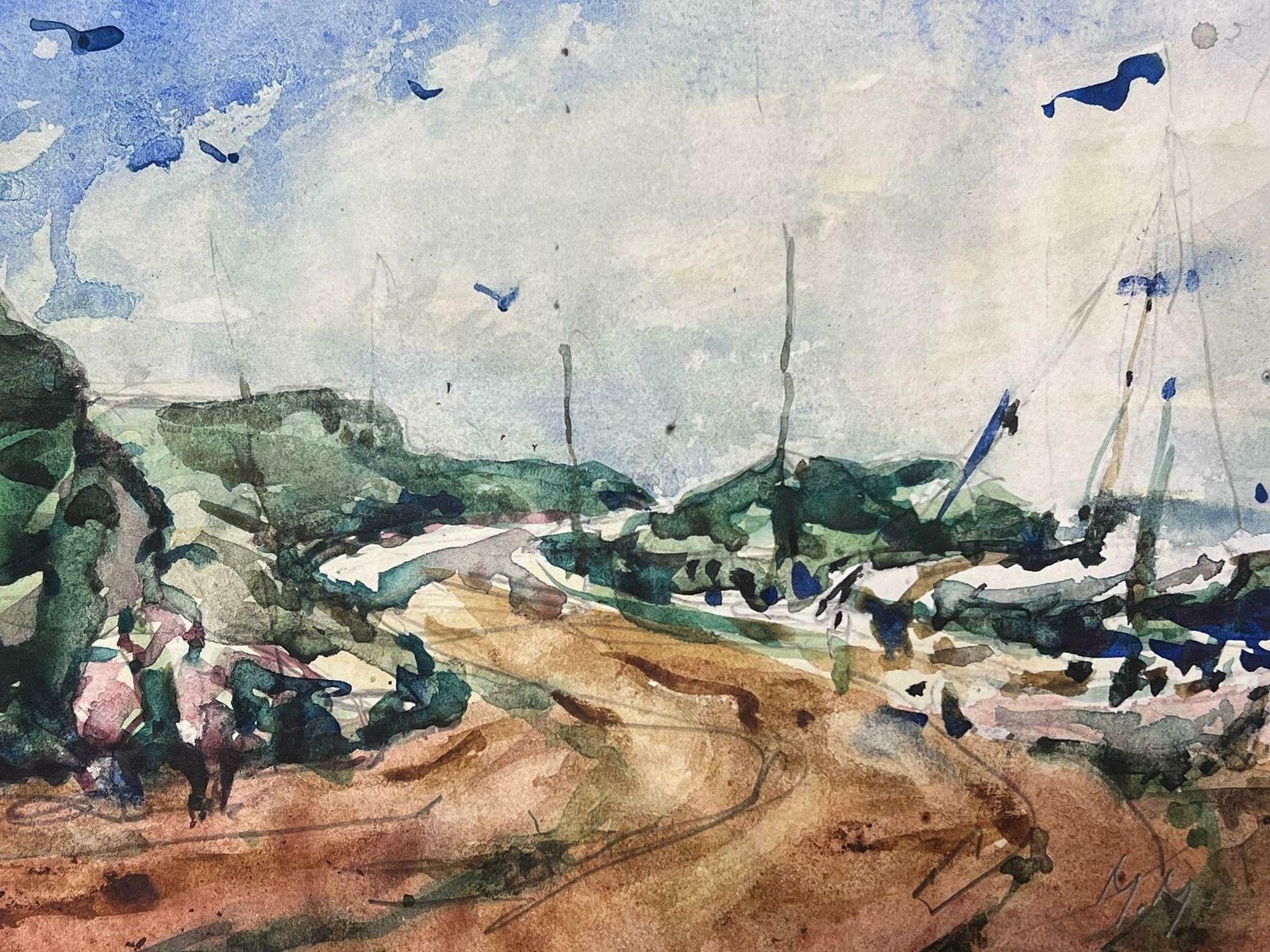 Maurice Mazeiliefrench Watercolour Landscape Sandy Path Along The Sailing Boat Harbour photo Art