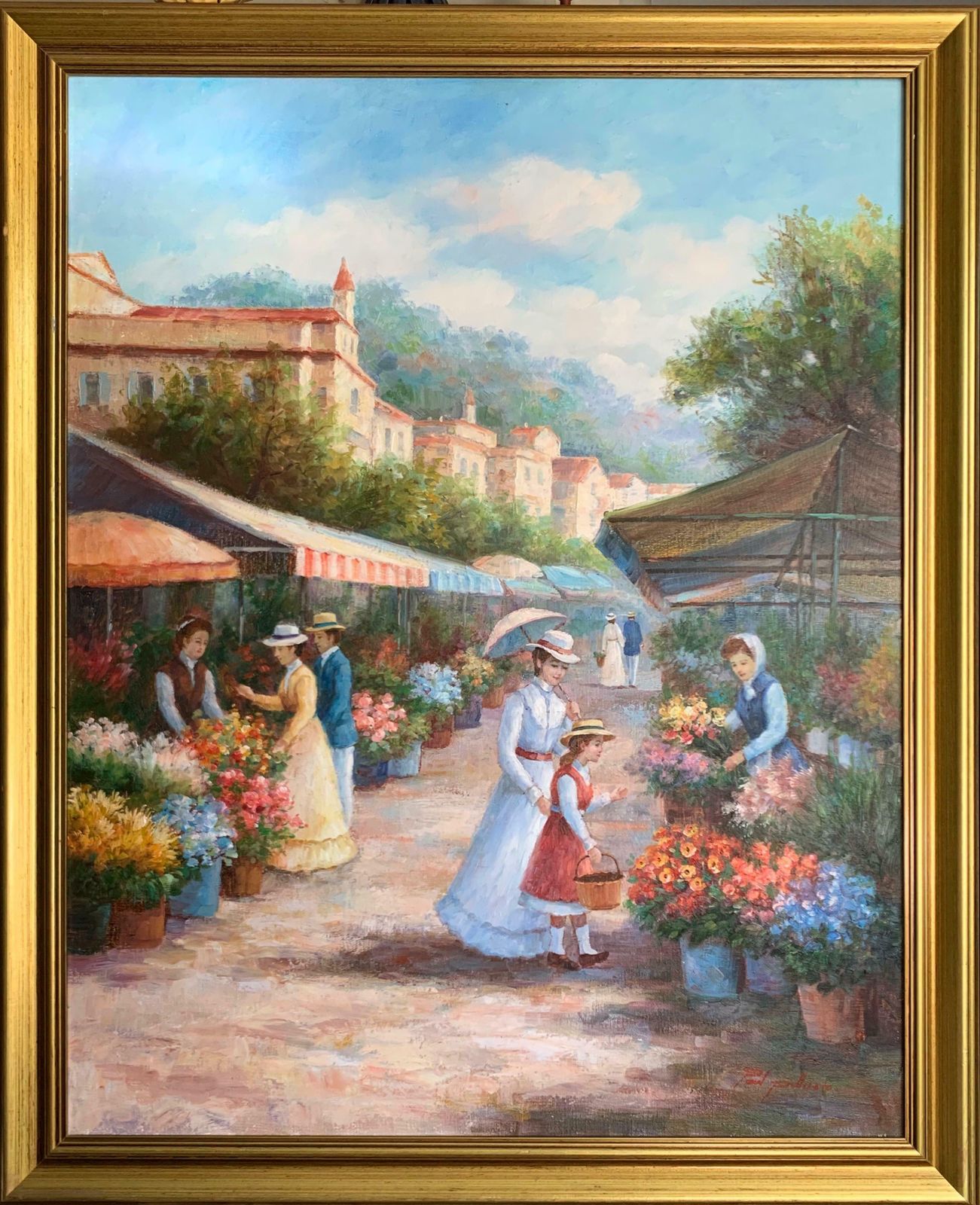 Paul Pellarole Marche De Fleurs Very Large French Impressionist Signed Oil Figures At Marketc.1990's photo furniture
