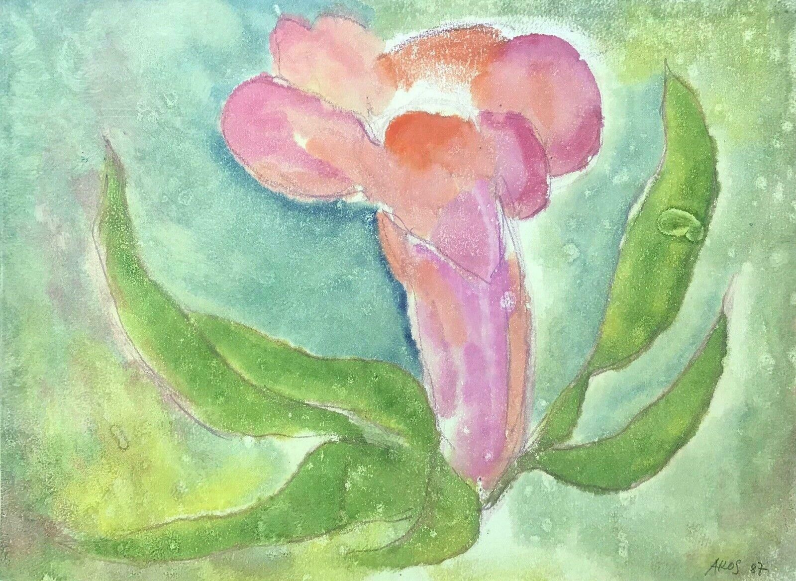 Akos Birofrench Expressionist Painting   Colourful Flower   Green And Pink Colorc. 1980's