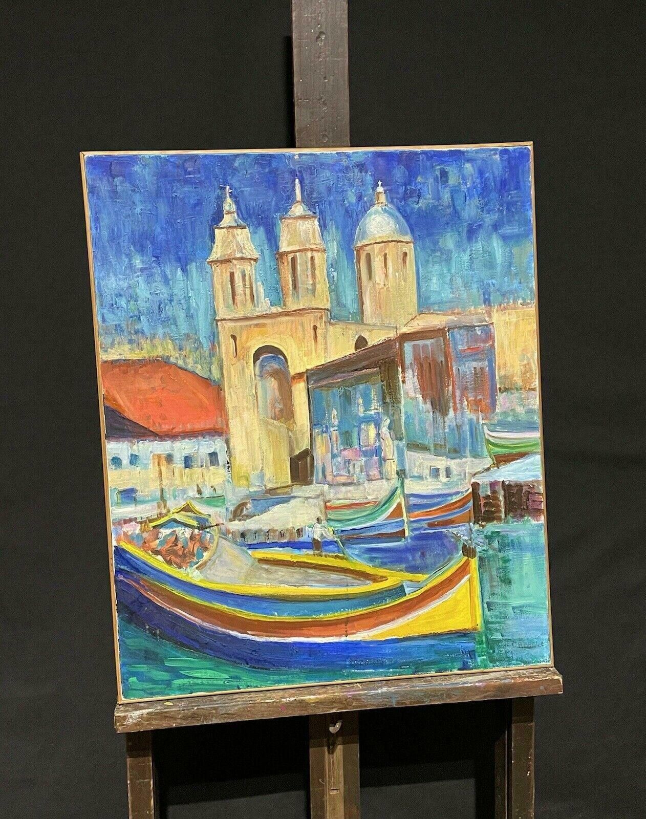 Claudine Ribouletclaudine Riboulet (French 1924 2013) Large Signed Oil   Boats On Busy City Canalmid Century photo furniture
