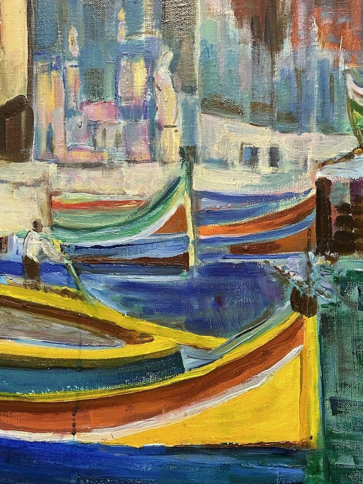 Claudine Ribouletclaudine Riboulet (French 1924 2013) Large Signed Oil   Boats On Busy City Canalmid Century photo Art