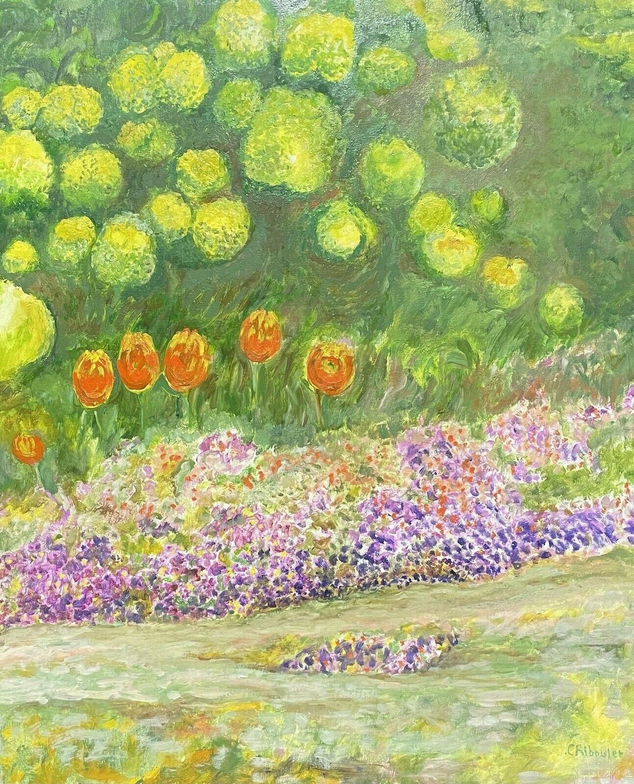 Claudine Ribouletclaudine Riboulet (French 1924 2013) Large Signed Oil   Tulips In The Gardenmid Century